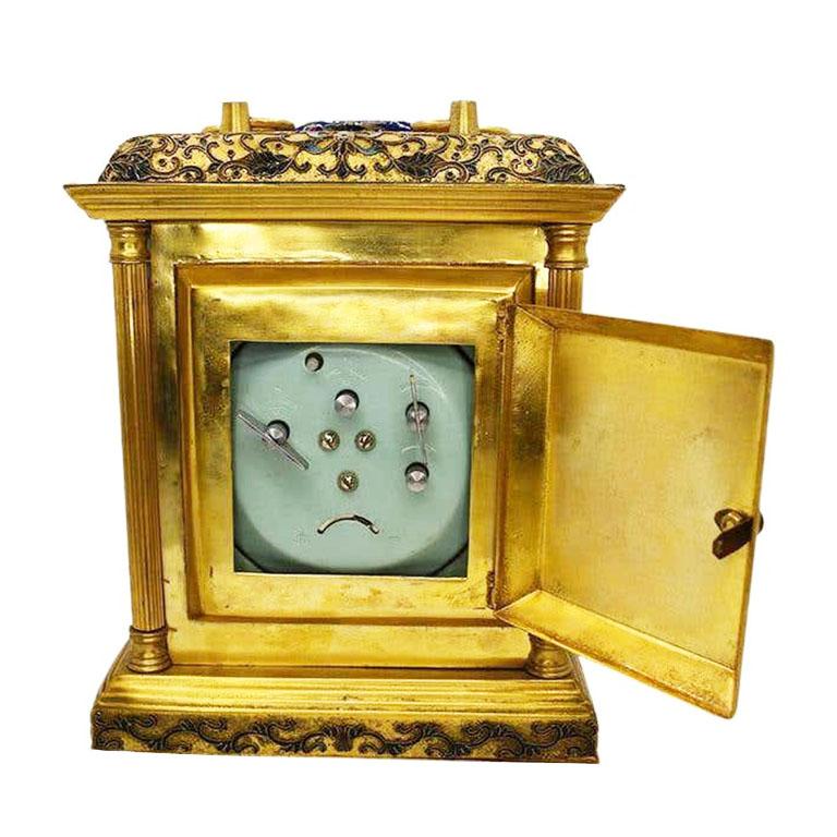 Metal Cobalt Blue Enameled Cloisonne Carriage or Mantle Clock with Carrying Handles