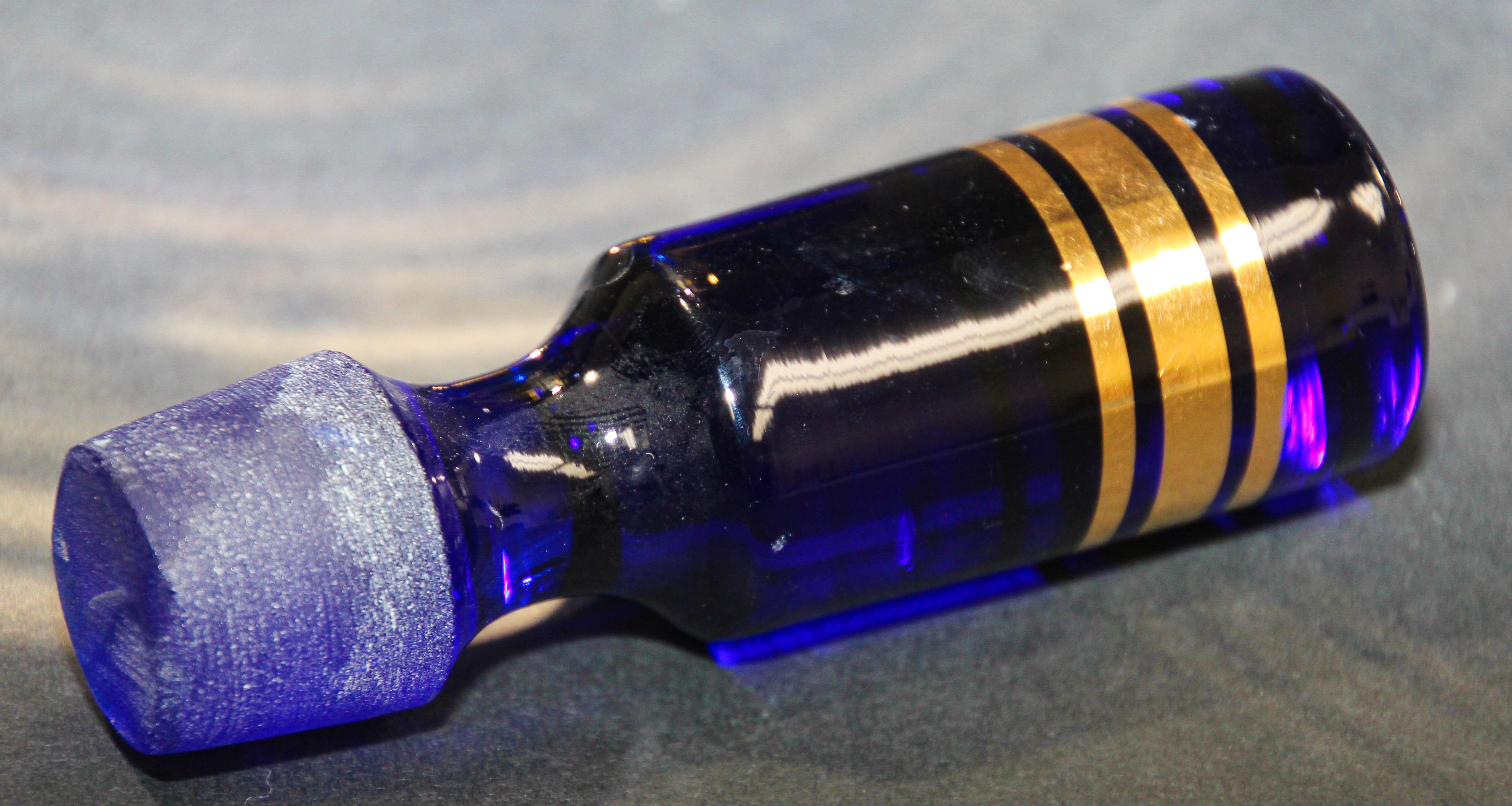 20th Century Cobalt Blue Enameled Glass Liquor Set Decanter and Glasses For Sale