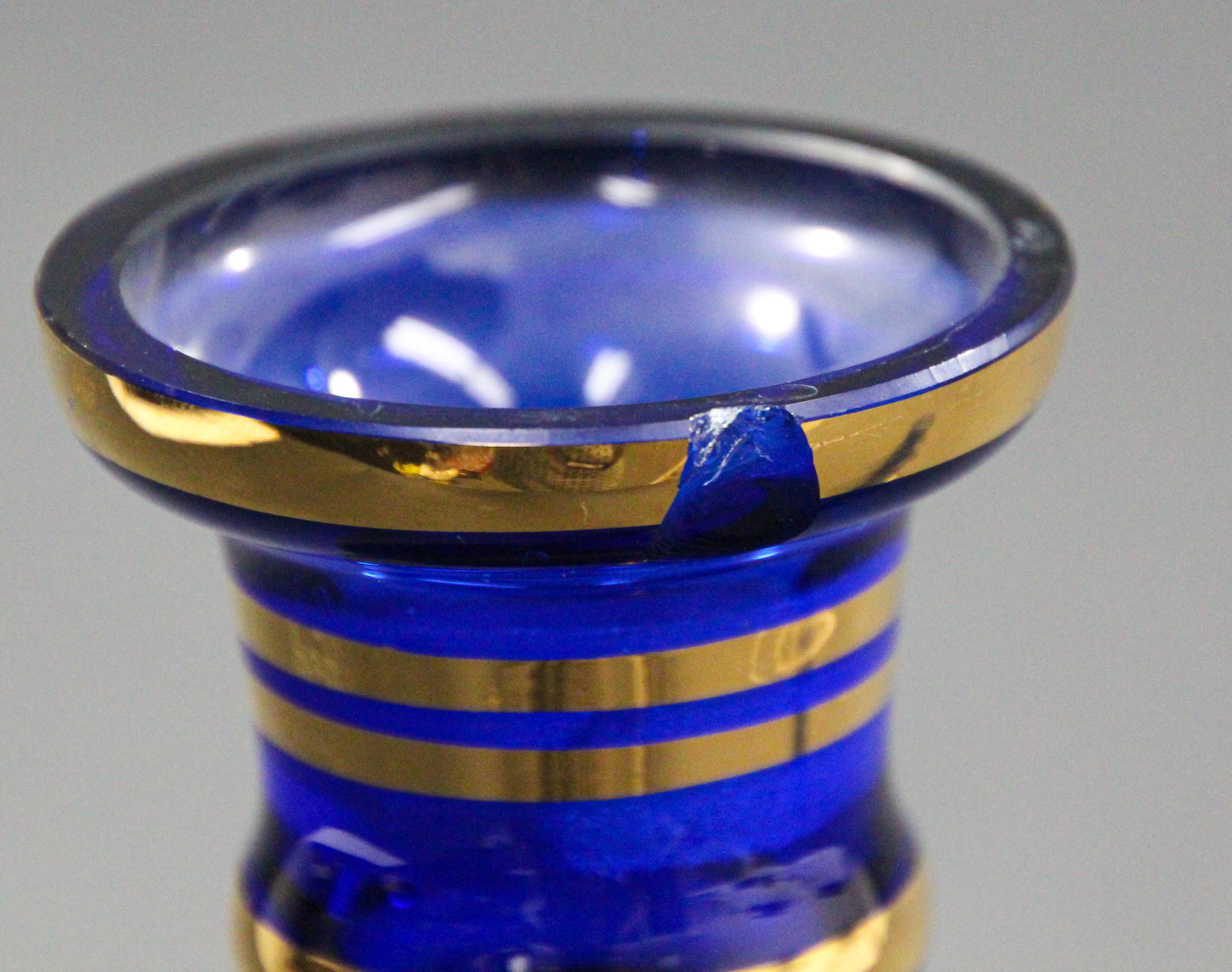Blown Glass Cobalt Blue Enameled Glass Liquor Set Decanter and Glasses For Sale