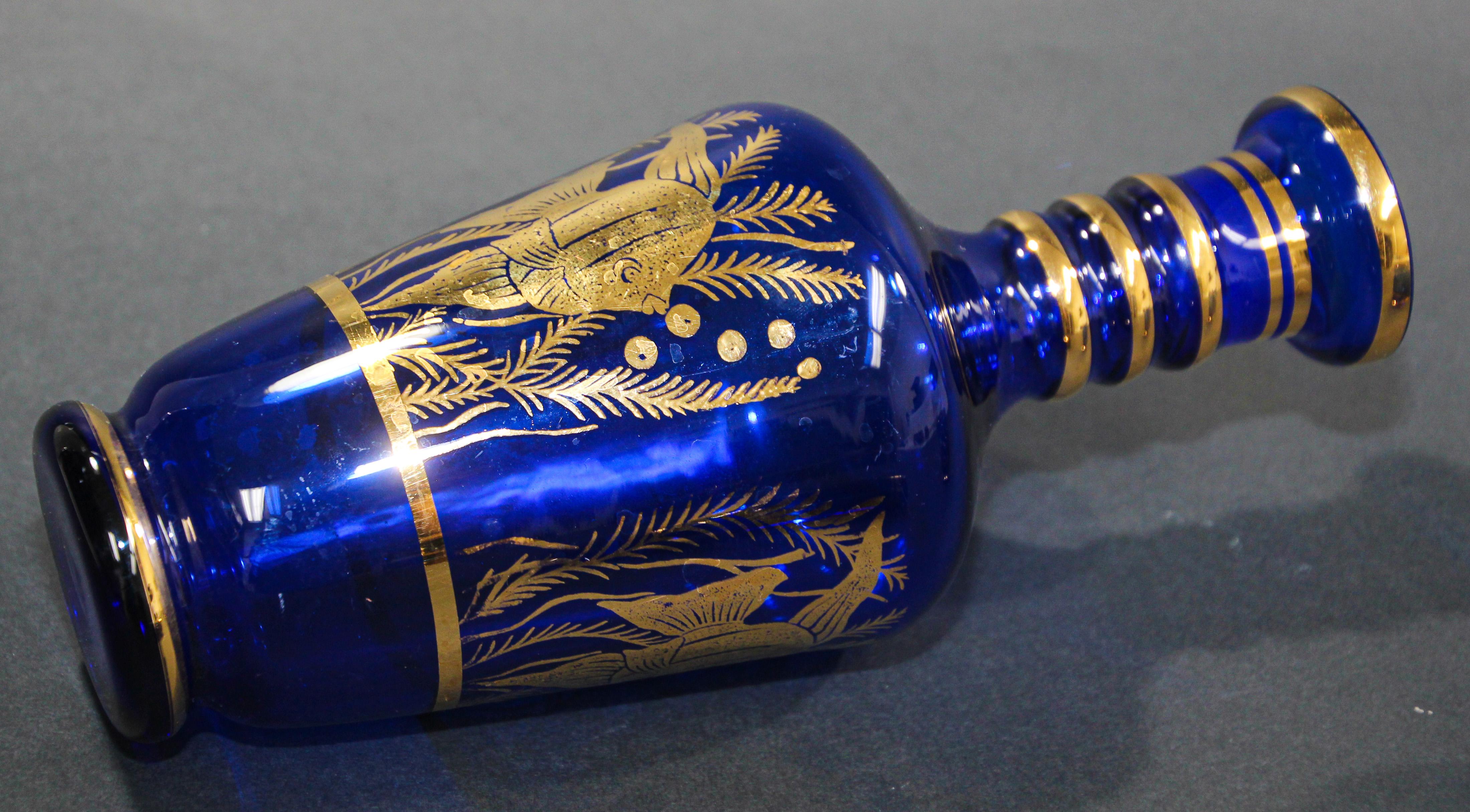Cobalt Blue Enameled Glass Liquor Set Decanter and Glasses For Sale 1