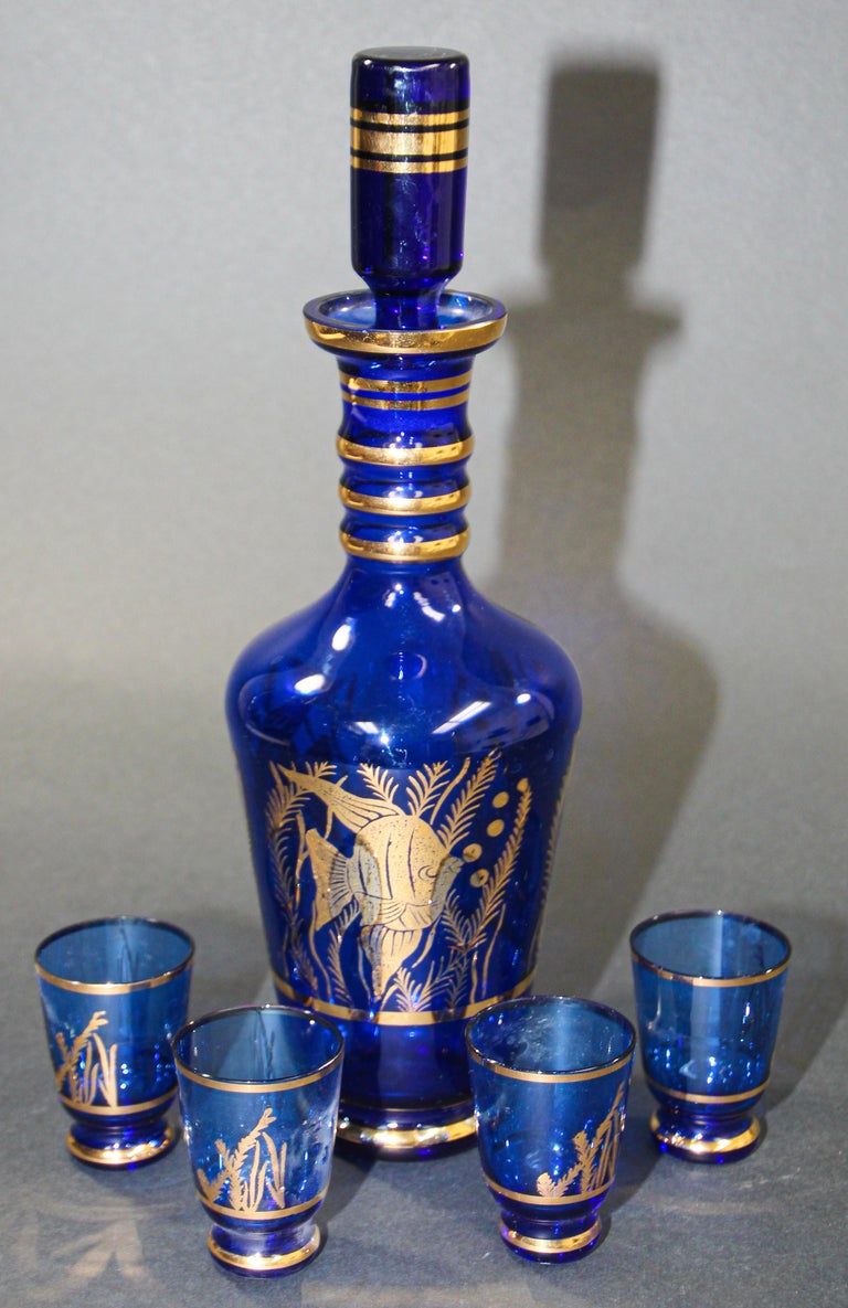 Cobalt Blue Enameled Glass Liquor Set Decanter and Glasses For Sale at