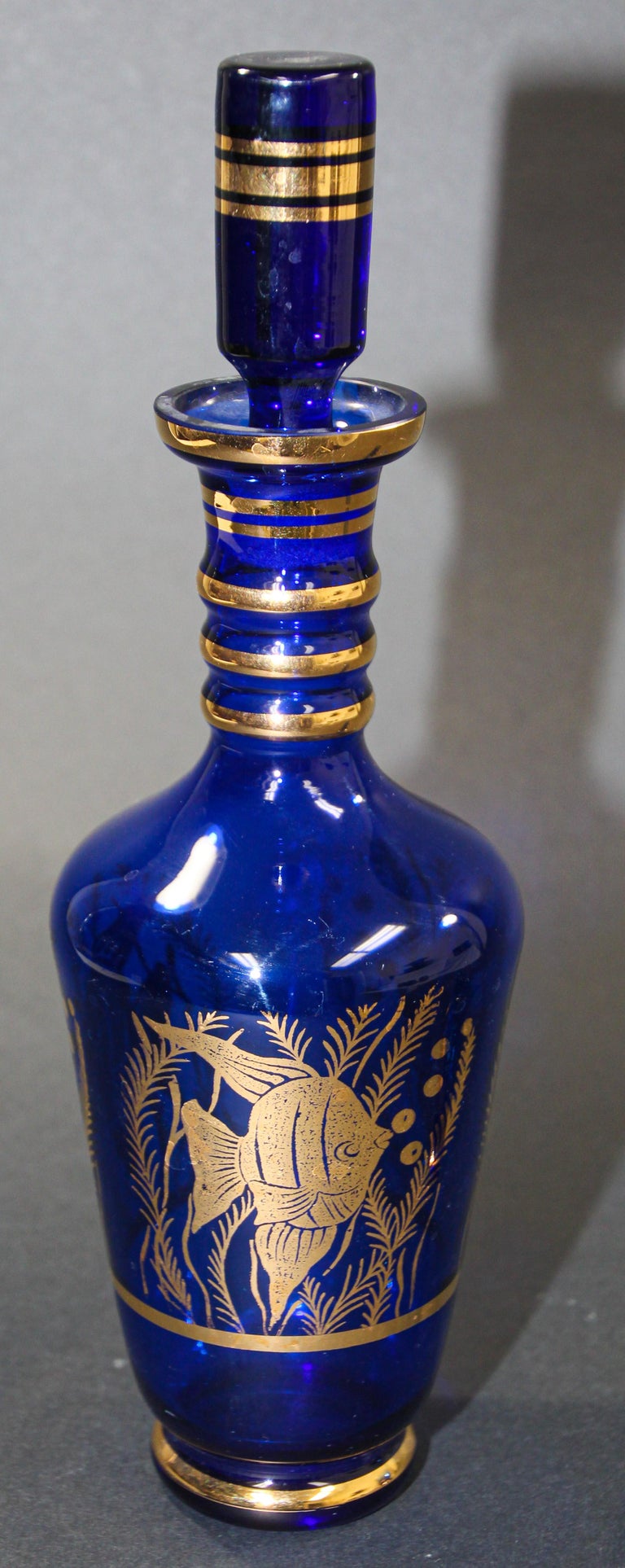Cobalt Blue Enameled Glass Liquor Set Decanter and Glasses For Sale at