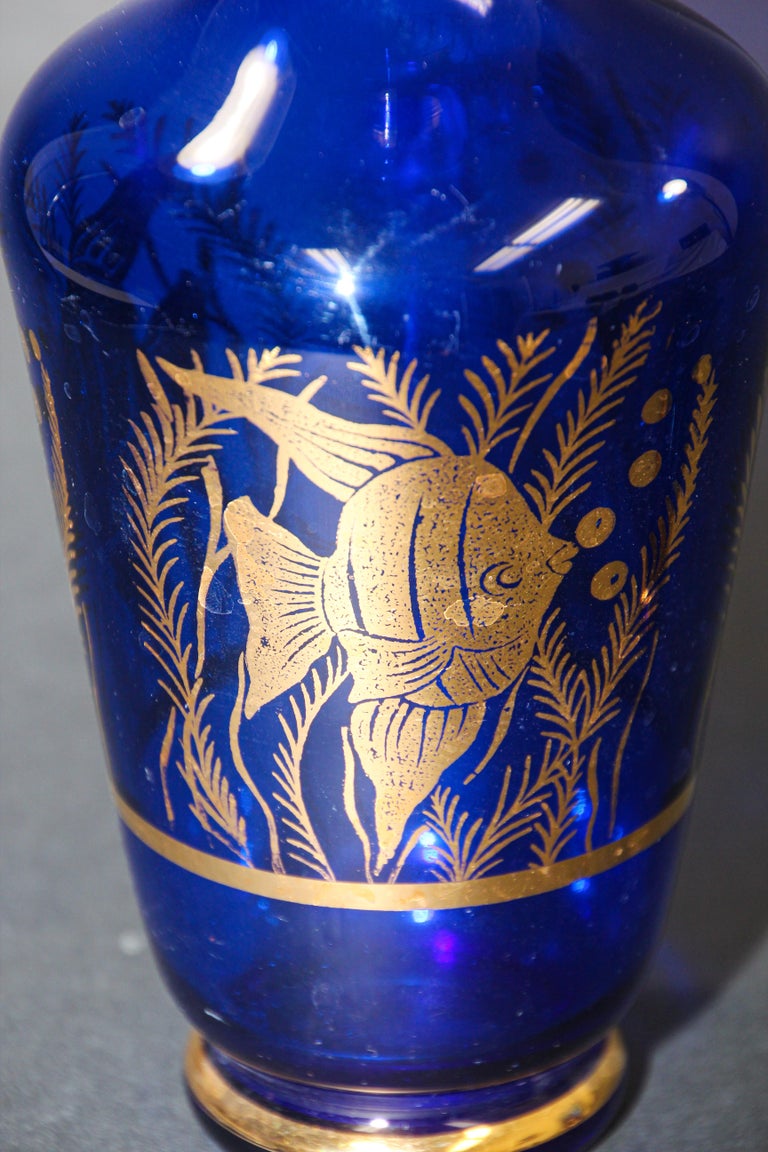 Cobalt Blue Enameled Glass Liquor Set Decanter and Glasses For Sale at