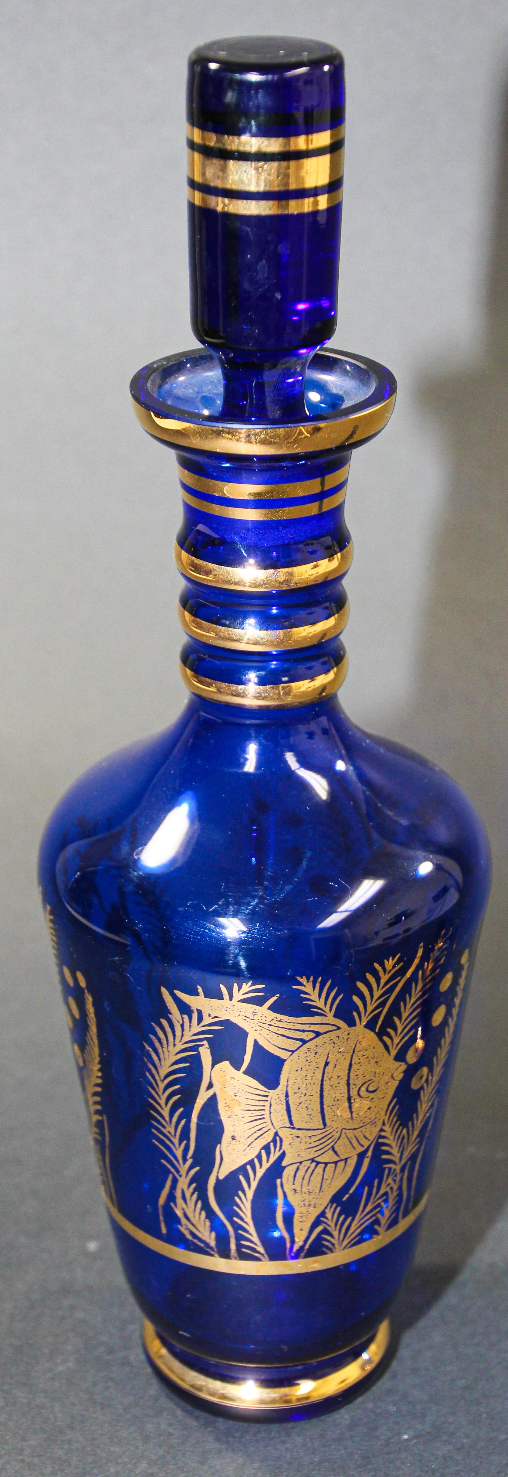 Hand-Crafted Cobalt Blue Enameled Glass Liquor Set Decanter and Glasses For Sale