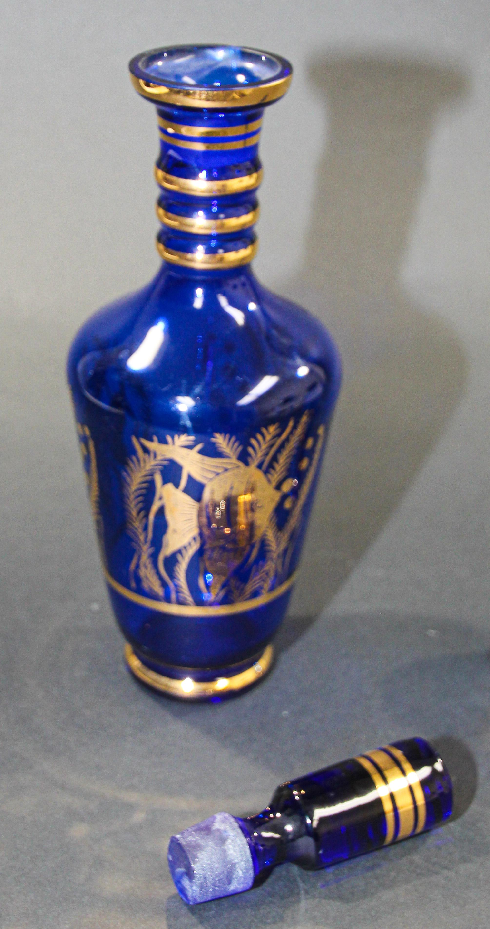 Cobalt Blue Enameled Glass Liquor Set Decanter and Glasses In Good Condition For Sale In North Hollywood, CA
