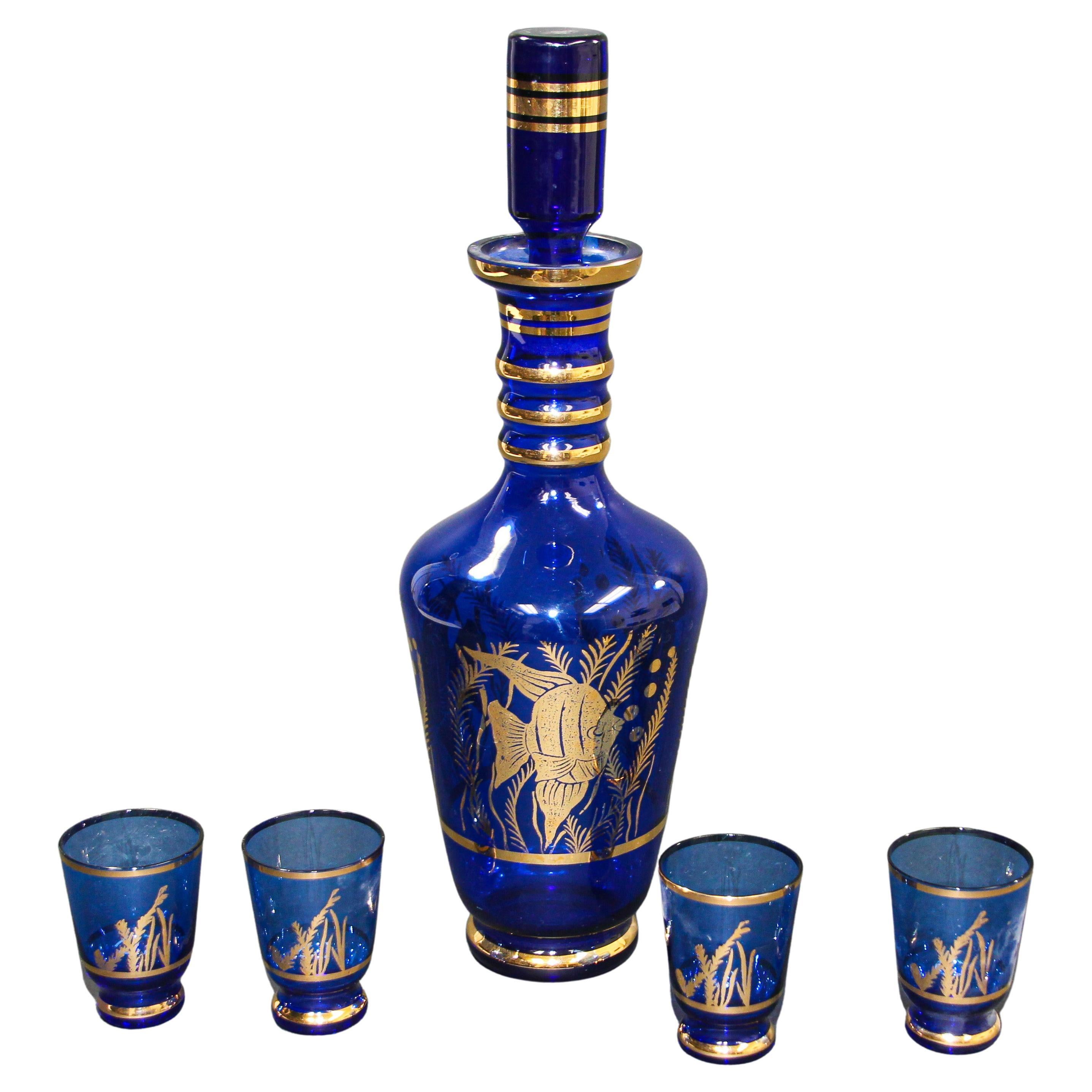 Cobalt Blue Enameled Glass Liquor Set Decanter and Glasses