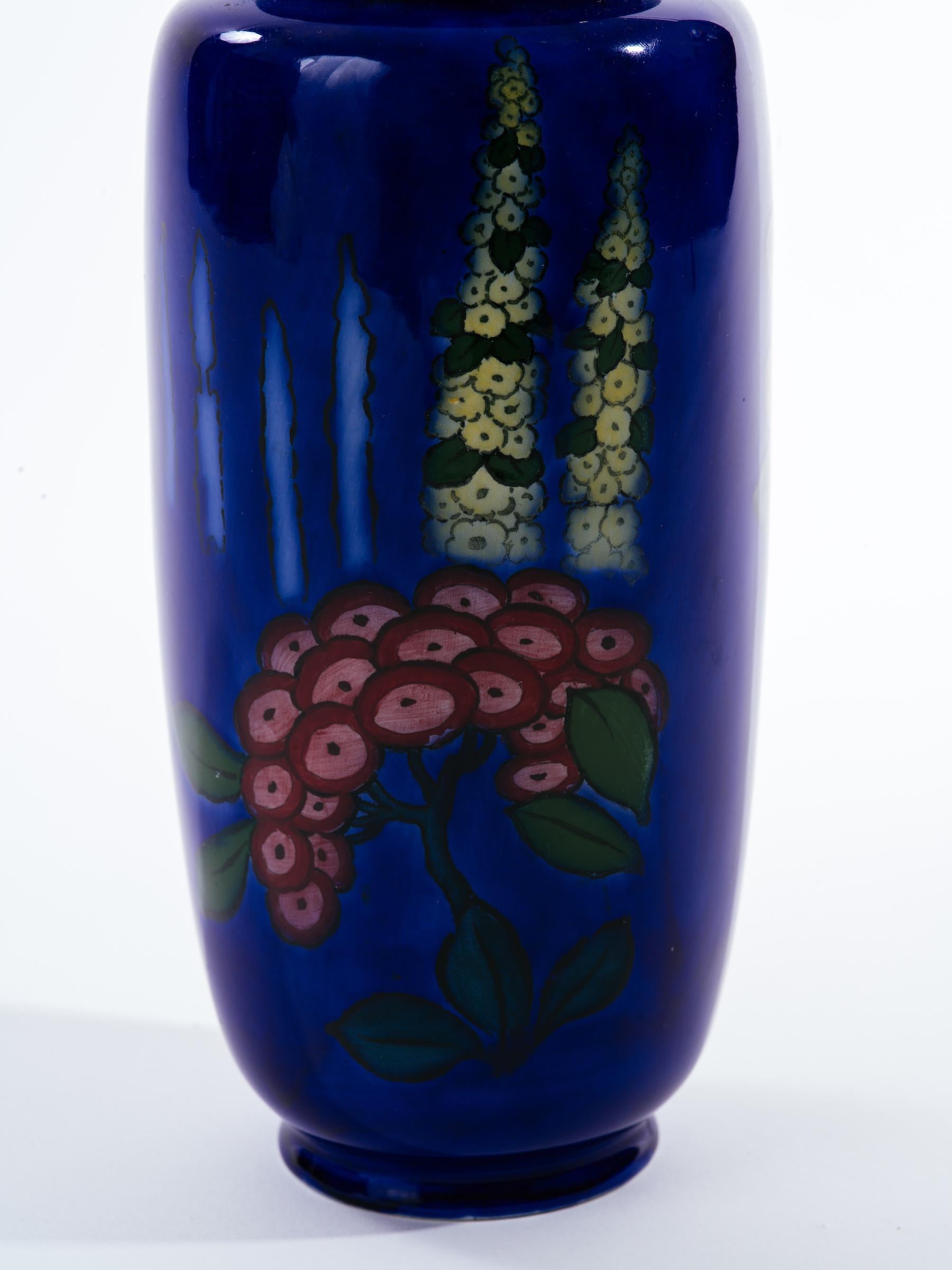 Hand painted Art Deco / Arts & Crafts Hollyhock vase signed with stamped hallmarks, Adderley, England. Made in the 1920's.