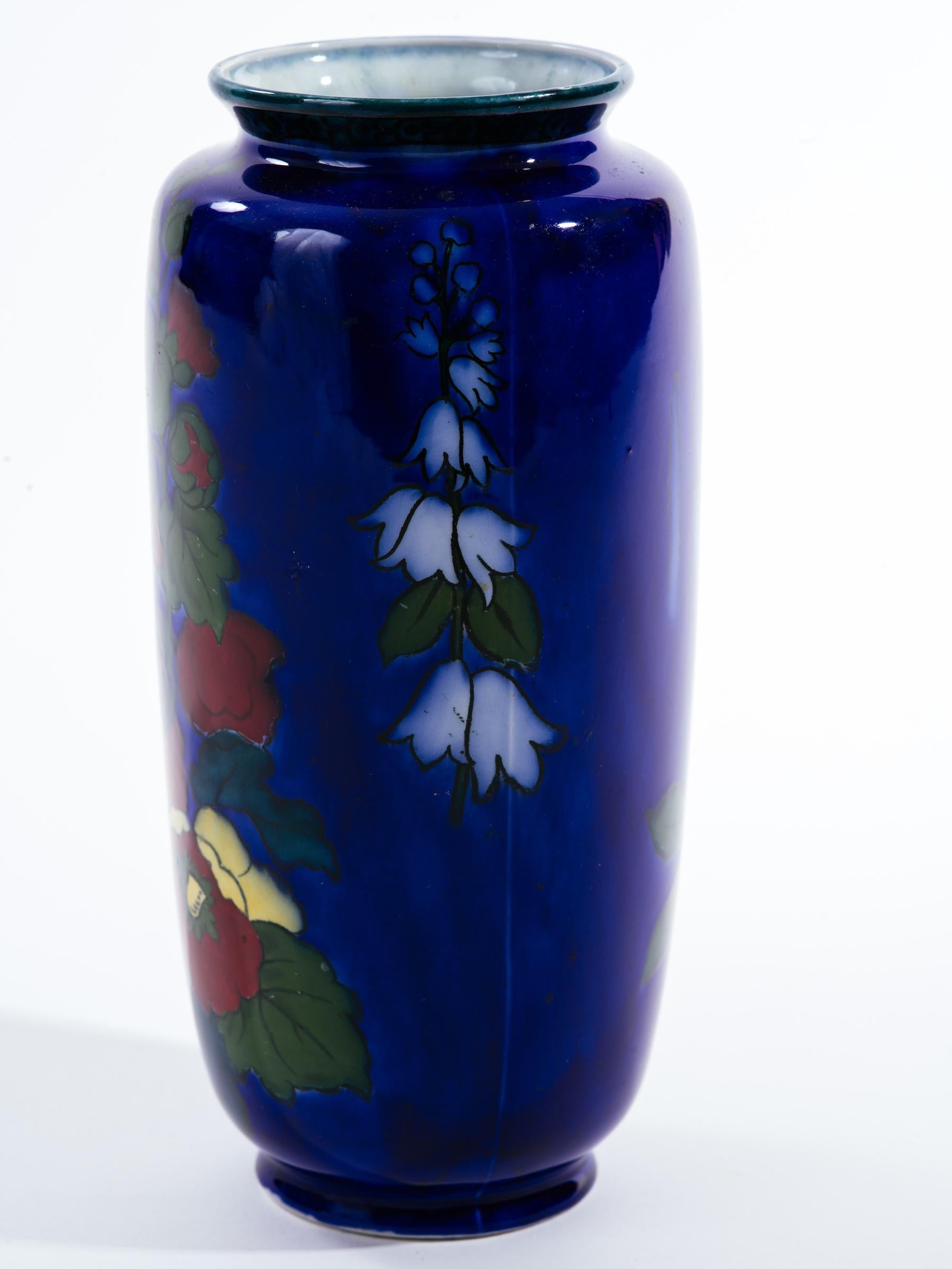 Cobalt Blue English Art Deco Hollyhock Vase by Adderley In Good Condition In New York, NY
