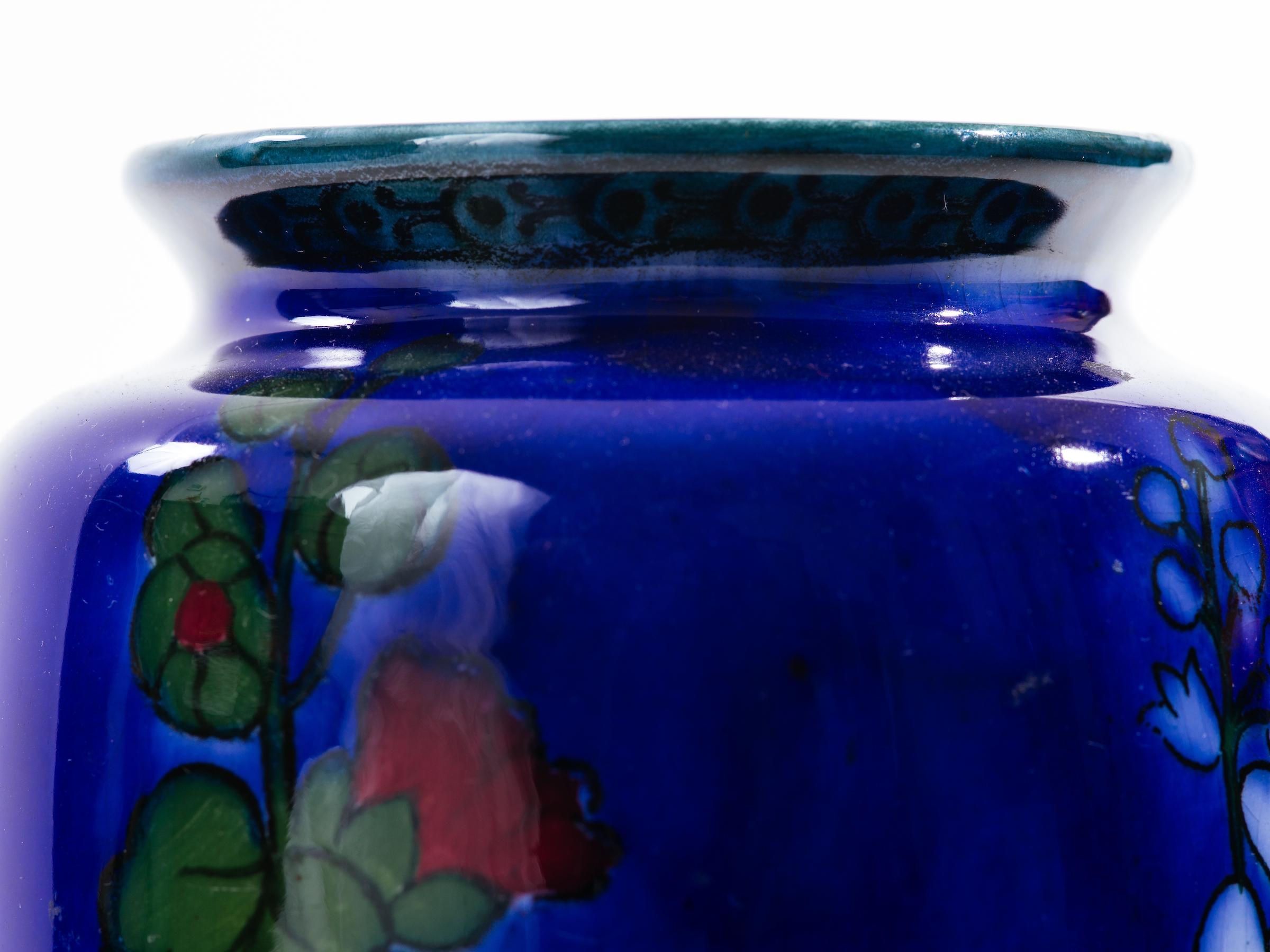Ceramic Cobalt Blue English Art Deco Hollyhock Vase by Adderley