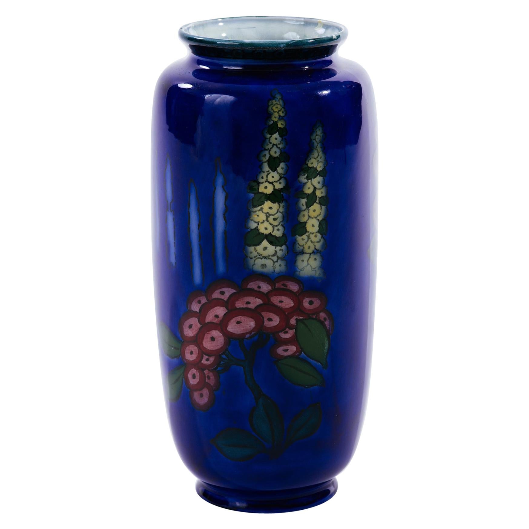 Cobalt Blue English Art Deco Hollyhock Vase by Adderley