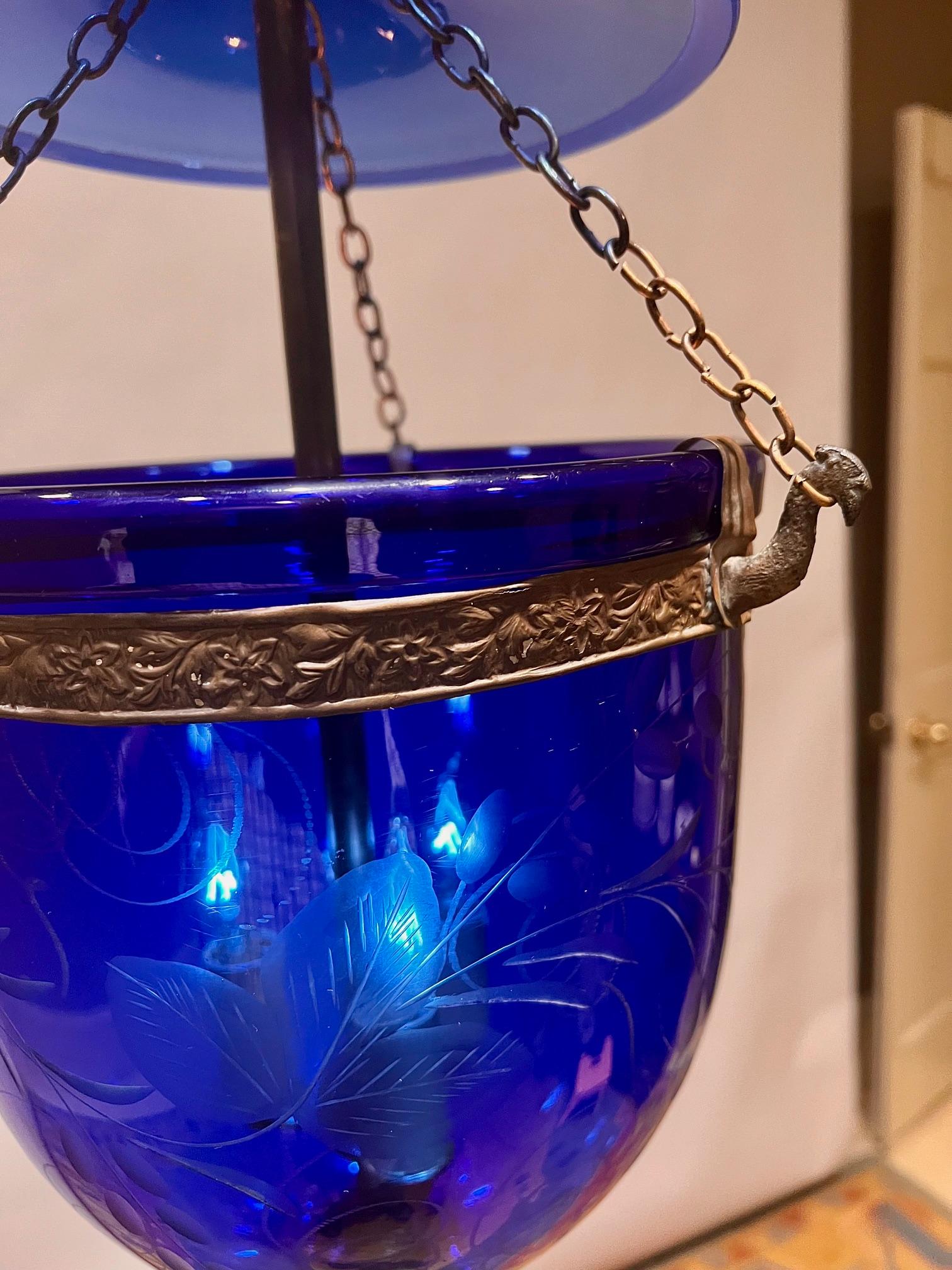 English Cobalt Blue Foliate Etched 3-Light Bell Jar Lantern
