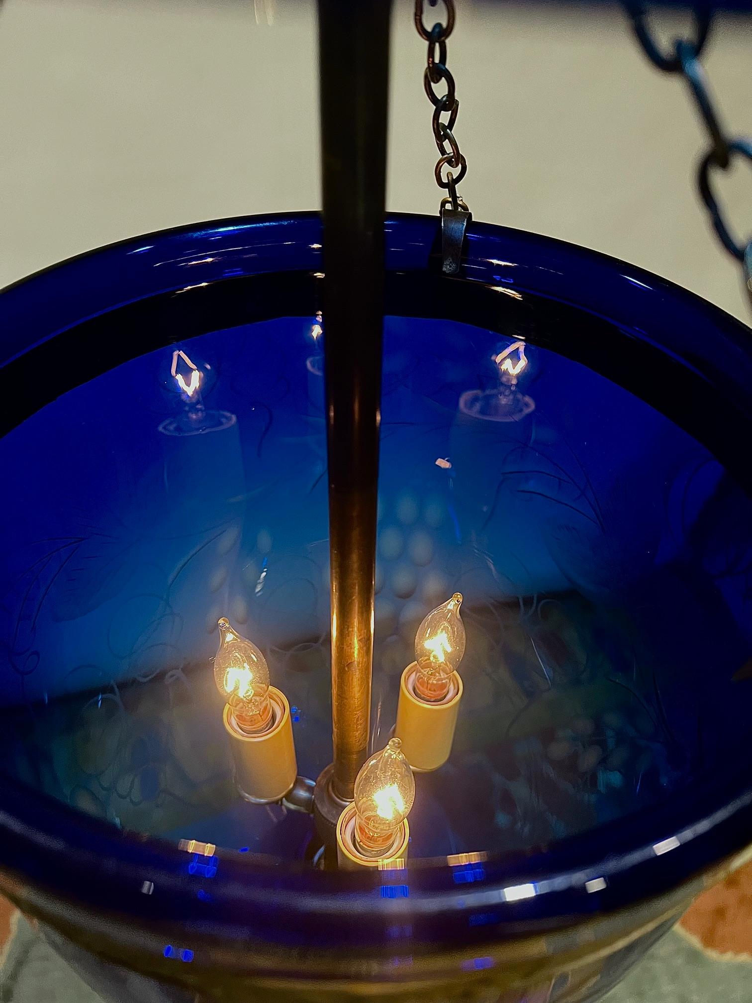 Cobalt Blue Foliate Etched 3-Light Bell Jar Lantern In Good Condition In Alexandria, VA