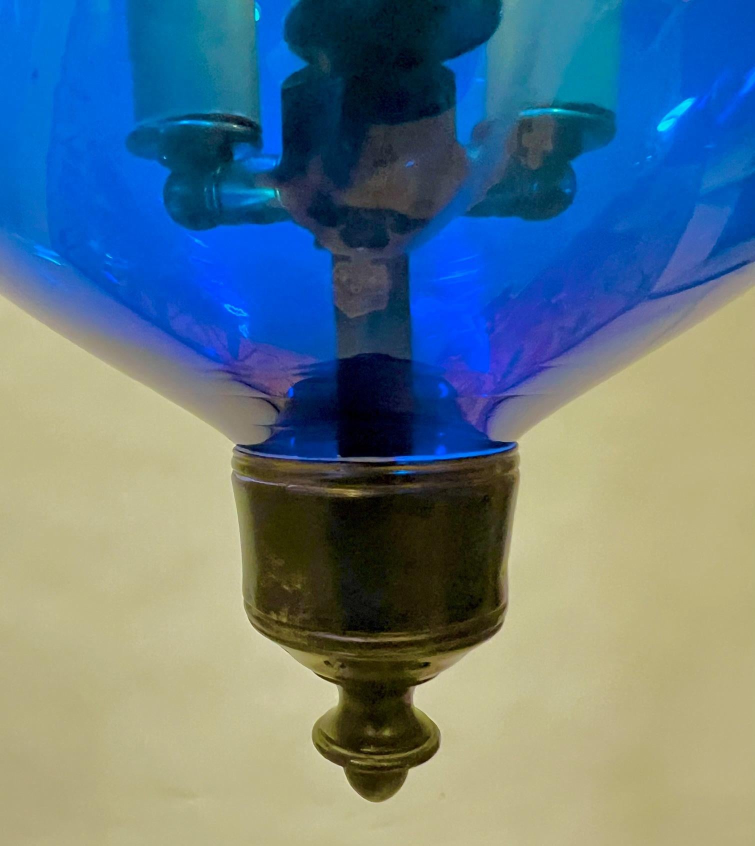 19th Century Cobalt Blue Foliate Etched 3-Light Bell Jar Lantern