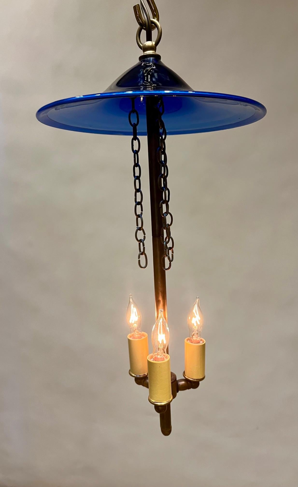 Blown Glass Cobalt Blue Foliate Etched 3-Light Bell Jar Lantern