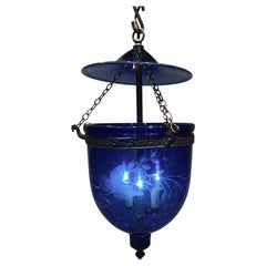 Cobalt Blue Foliate Etched 3-Light Bell Jar Lantern