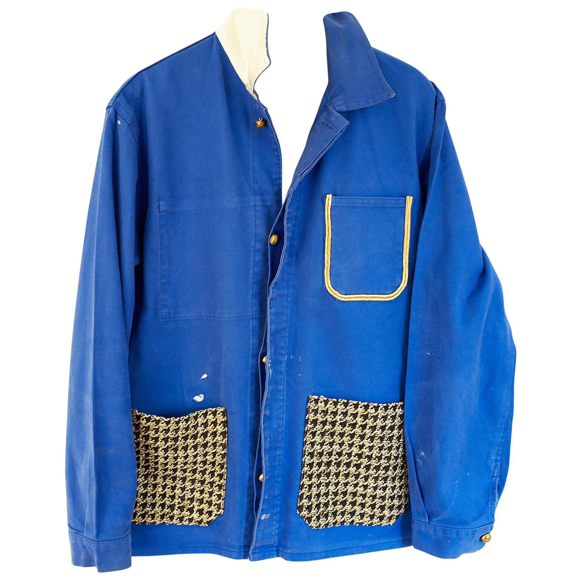 Cobalt Blue Blazer Jacket  French Work Wear Jacket Gold Tweed Medium J Dauphin