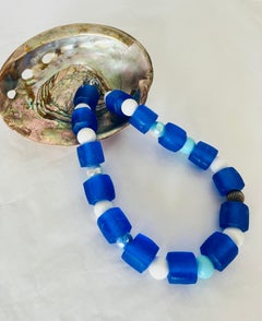 Cobalt Blue Frosted Glass and Bead Choker Necklace, 29 cm, 590 g