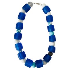 Cobalt Blue Frosted Glass and Bead Choker Necklace, 29 cm, 590 g