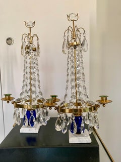 Kobaltblaues Glas  Kerzenhalter Girandoles-Kandelaber aus vergoldeter Bronze mit Kristallkristall