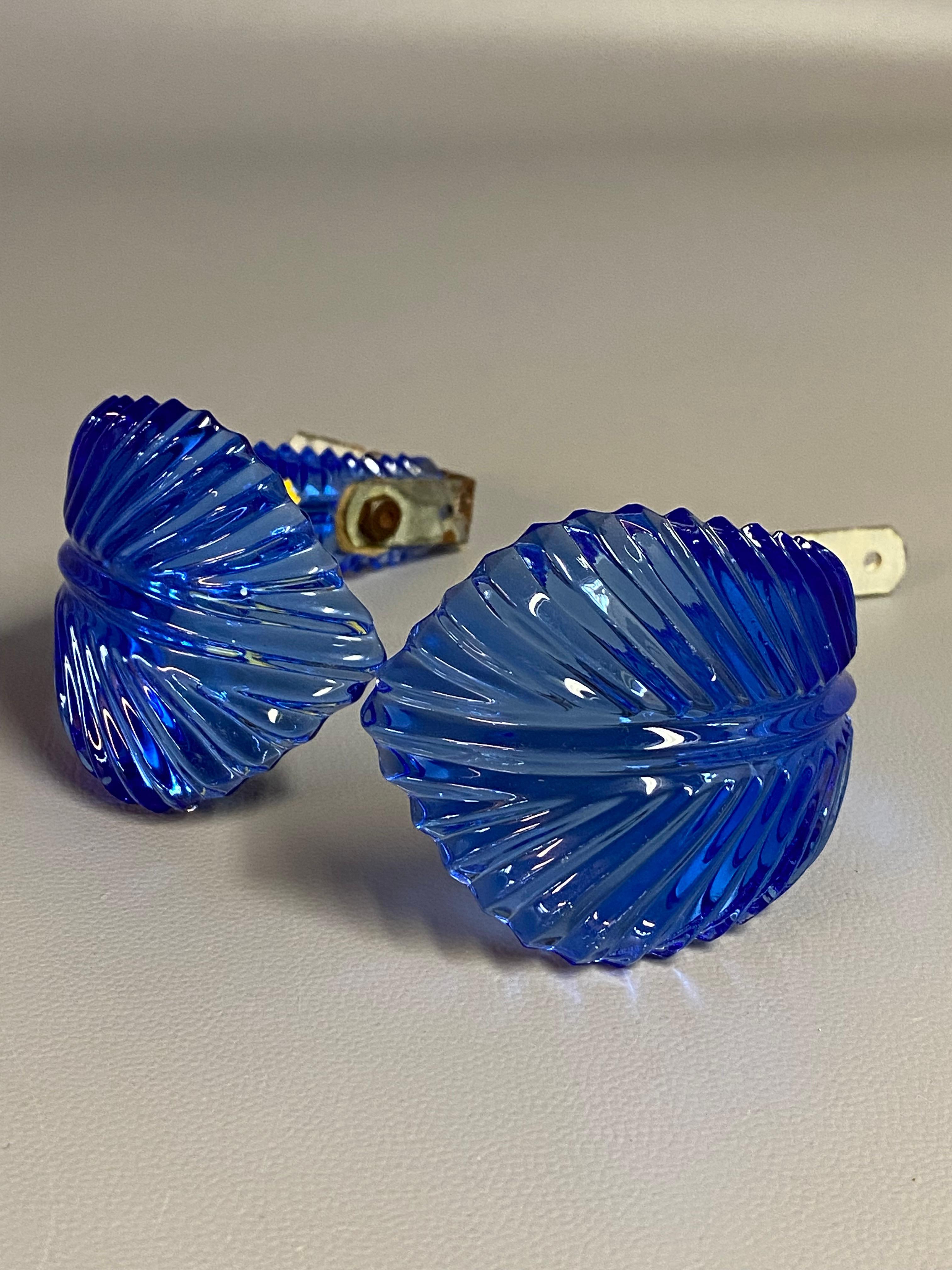 Molded Cobalt Blue Glass Feather Hollywood Regency Curtain Tie Backs
