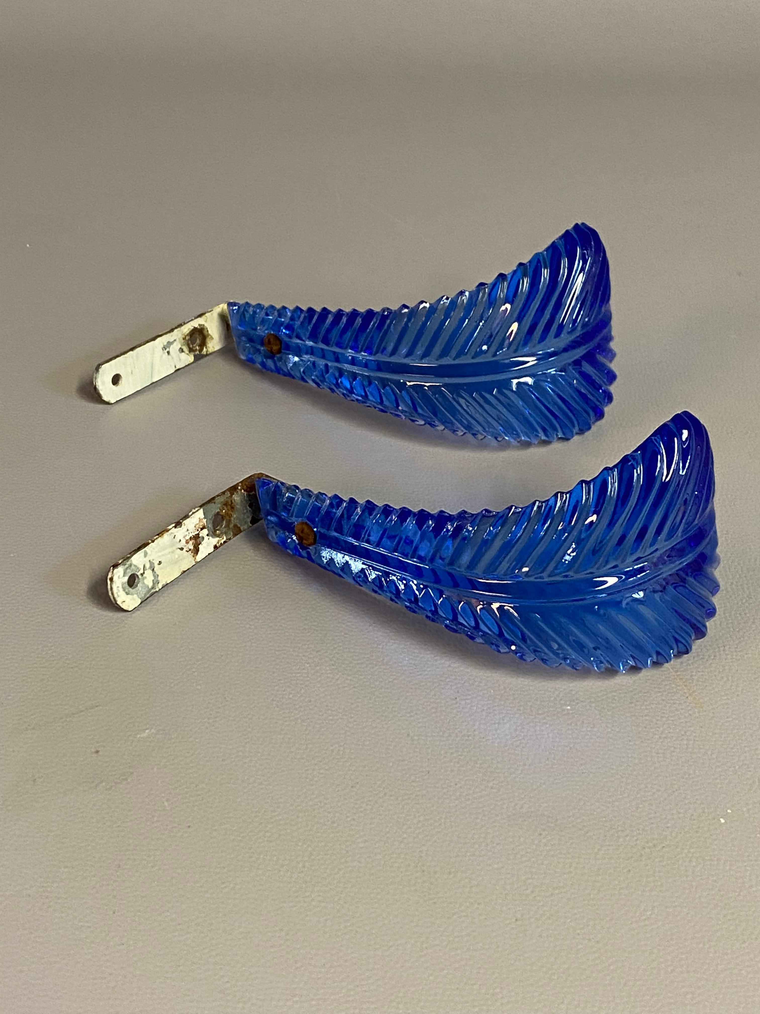 Cobalt Blue Glass Feather Hollywood Regency Curtain Tie Backs In Good Condition In Garnerville, NY
