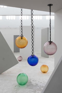 Cobalt Blue Glass Globe Brass Big Chain Empoli Pendant 40, Magic Circus Editions