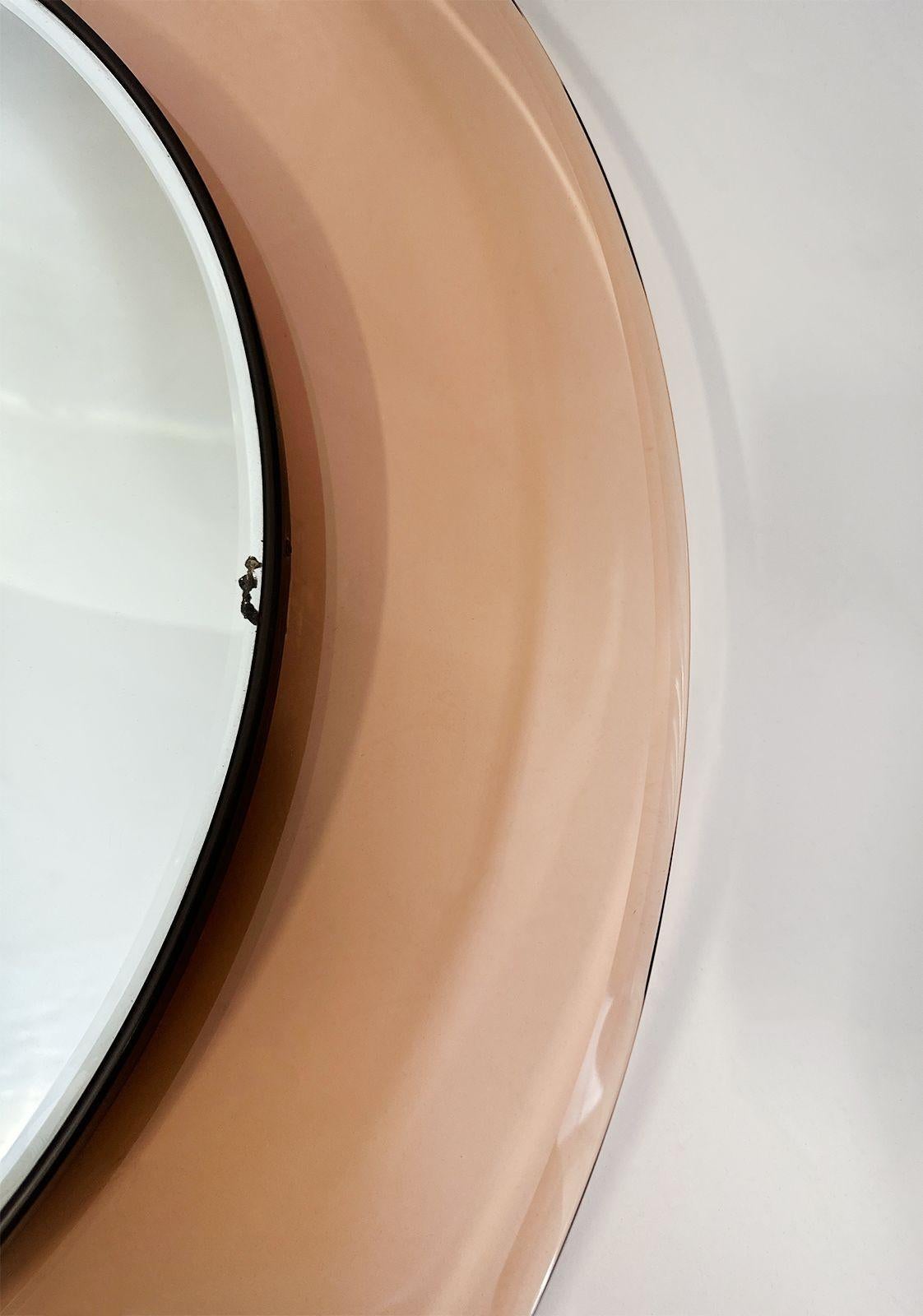 Vintage champagne cobalt blue colored glass mirror with mirrored glass encased in brass trim, model 1669, designed by Max Ingrand and produced by Fontana Arte. Made in Italy, 1963.
Dimensions:
27
