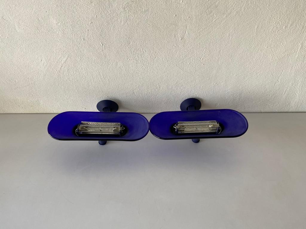 Metal Cobalt Blue Glass Pair of Sconces by King and Miranda for Arteluce, 1980s, Italy For Sale