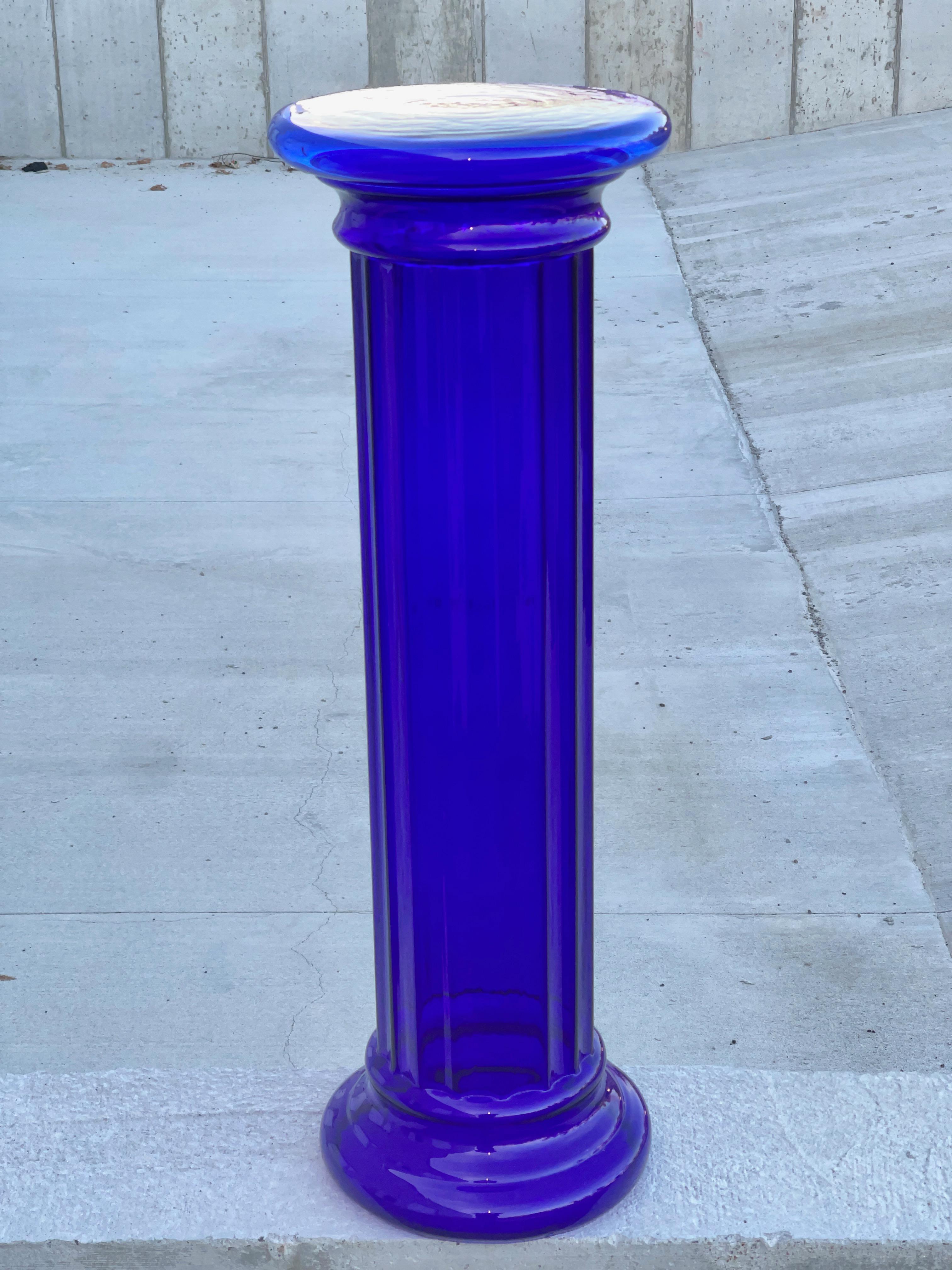 Blown Glass Pilgrim Glass Cobalt Blue Fluted Doric Column Pedestal  For Sale
