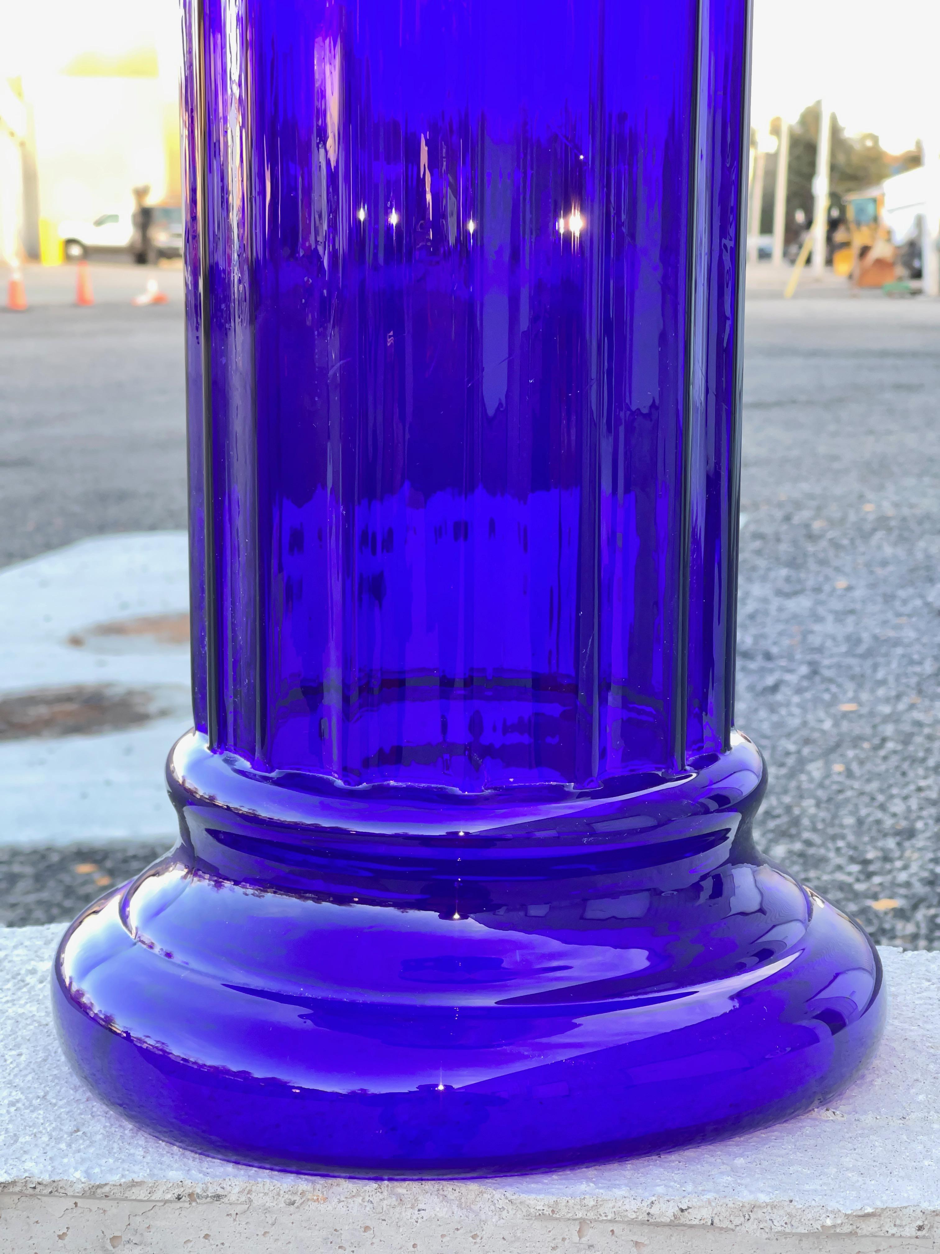 American Pilgrim Glass Cobalt Blue Fluted Doric Column Pedestal  For Sale