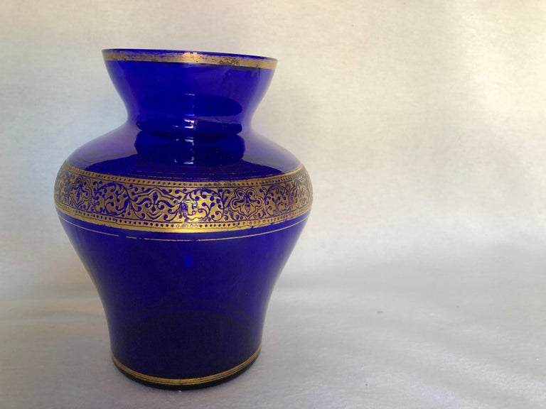 Cobalt Blue Glass Vase with Gold Decoration Made in Germany For Sale at
