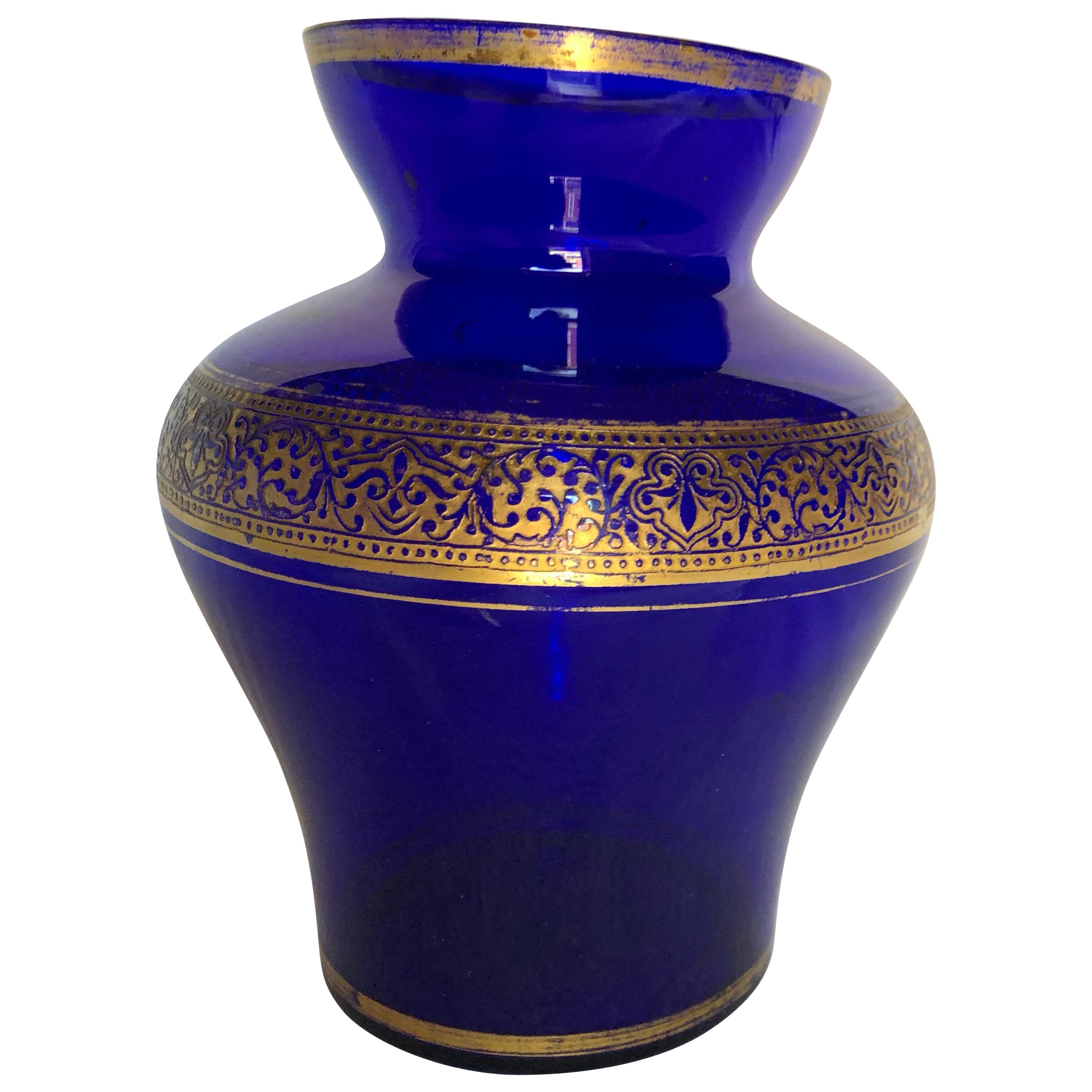 Cobalt Blue Glass Vase with Gold Decoration Made in Germany For Sale