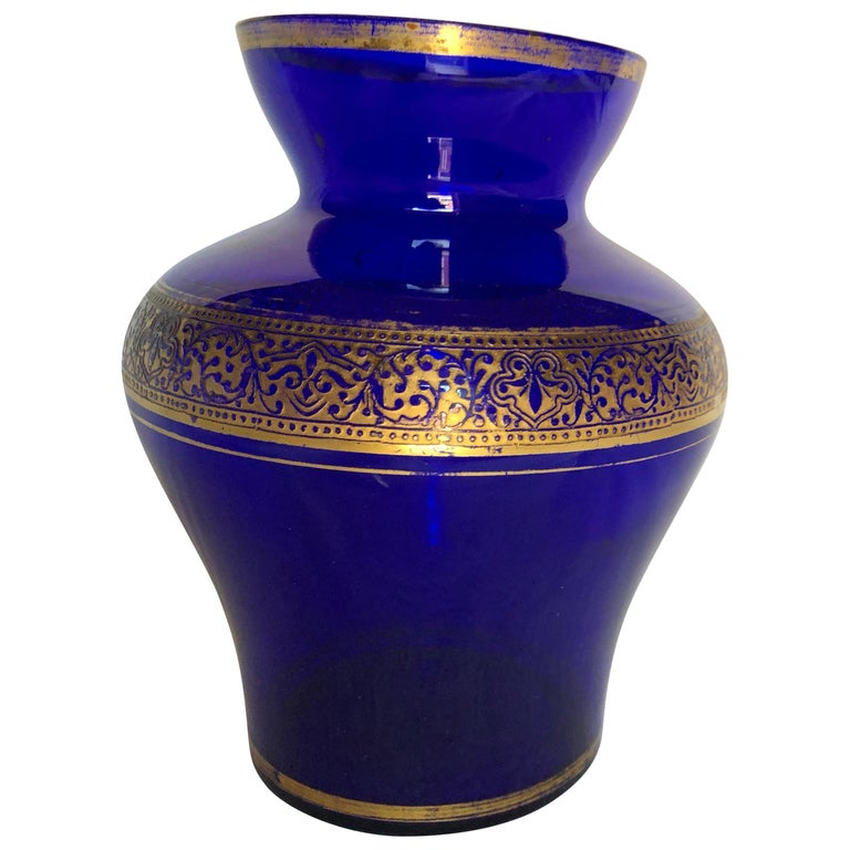 Cobalt Blue Glass Vase with Gold Decoration Made in Germany For Sale at
