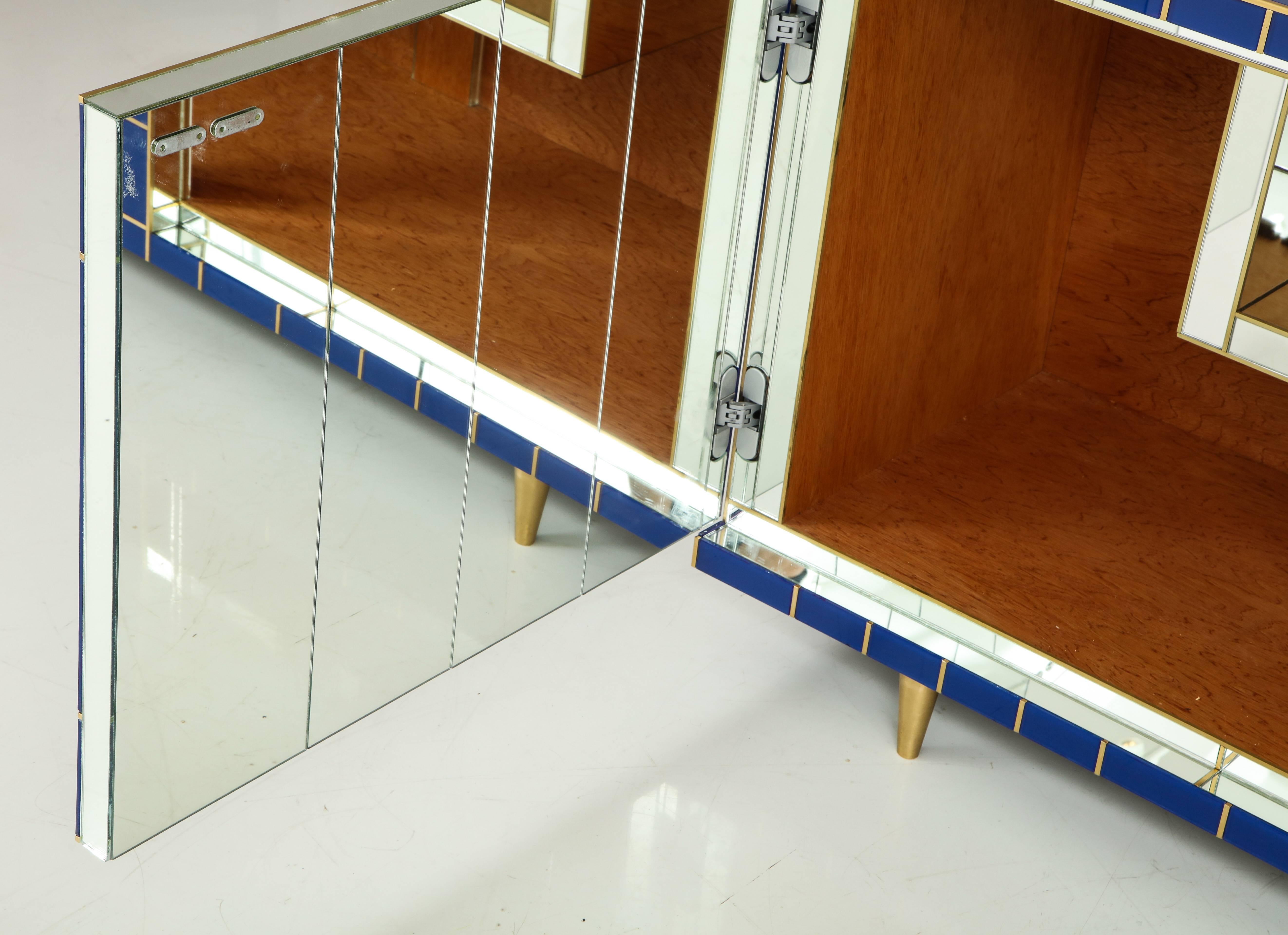 Custom Made Cobalt Blue Glass with Brass Inlay Mirrored Sideboard, Spain 3