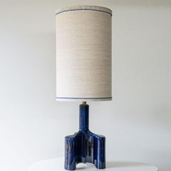 Cobalt Blue Glazed Sculptural Ceramic Lamp, Custom Made Lampshade by R. Houben