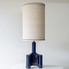 Cobalt Blue Glazed Sculptural Ceramic Lamp, Custom Made Lampshade by R. Houben