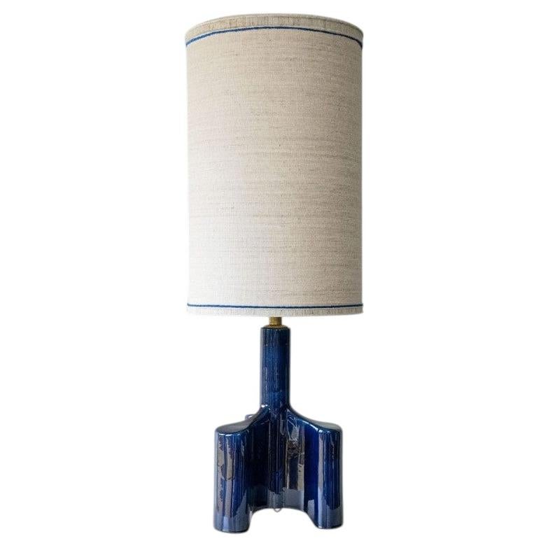 Cobalt Blue Glazed Sculptural Ceramic Lamp, Custom Made Lampshade by R. Houben For Sale