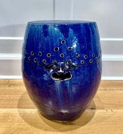 Cobalt Blue Glazed Terracotta Drum Form Garden Stool, China, Early 20th Century