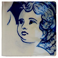 Cobalt Blue Hand-Painted Baroque Cherub or Angel Portuguese Ceramic Tile Azulejo