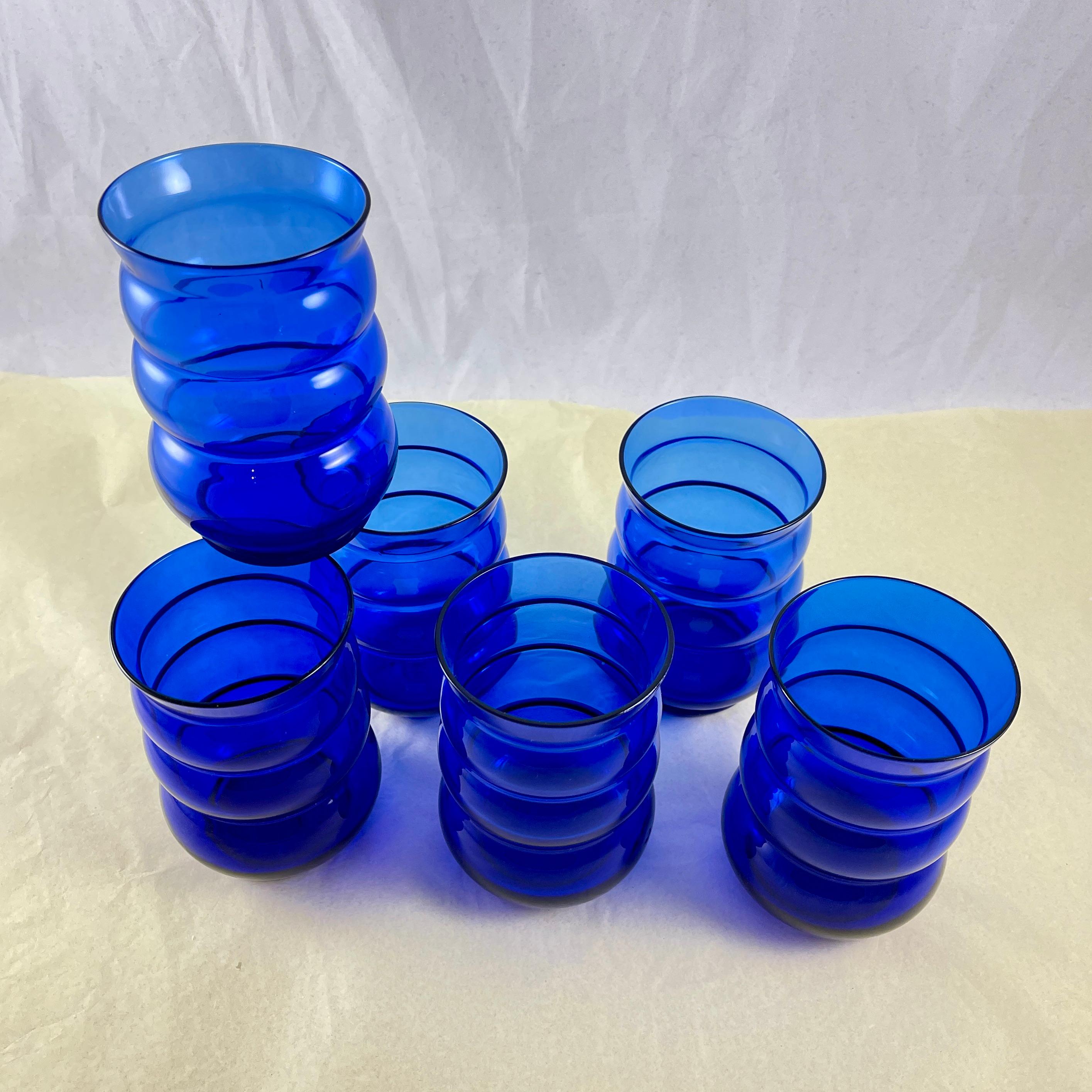 Blown Glass Cobalt Blue Handblown Jazz Era ‘Harpo’ Tumbler Glasses, 1930s – Set of 6 For Sale