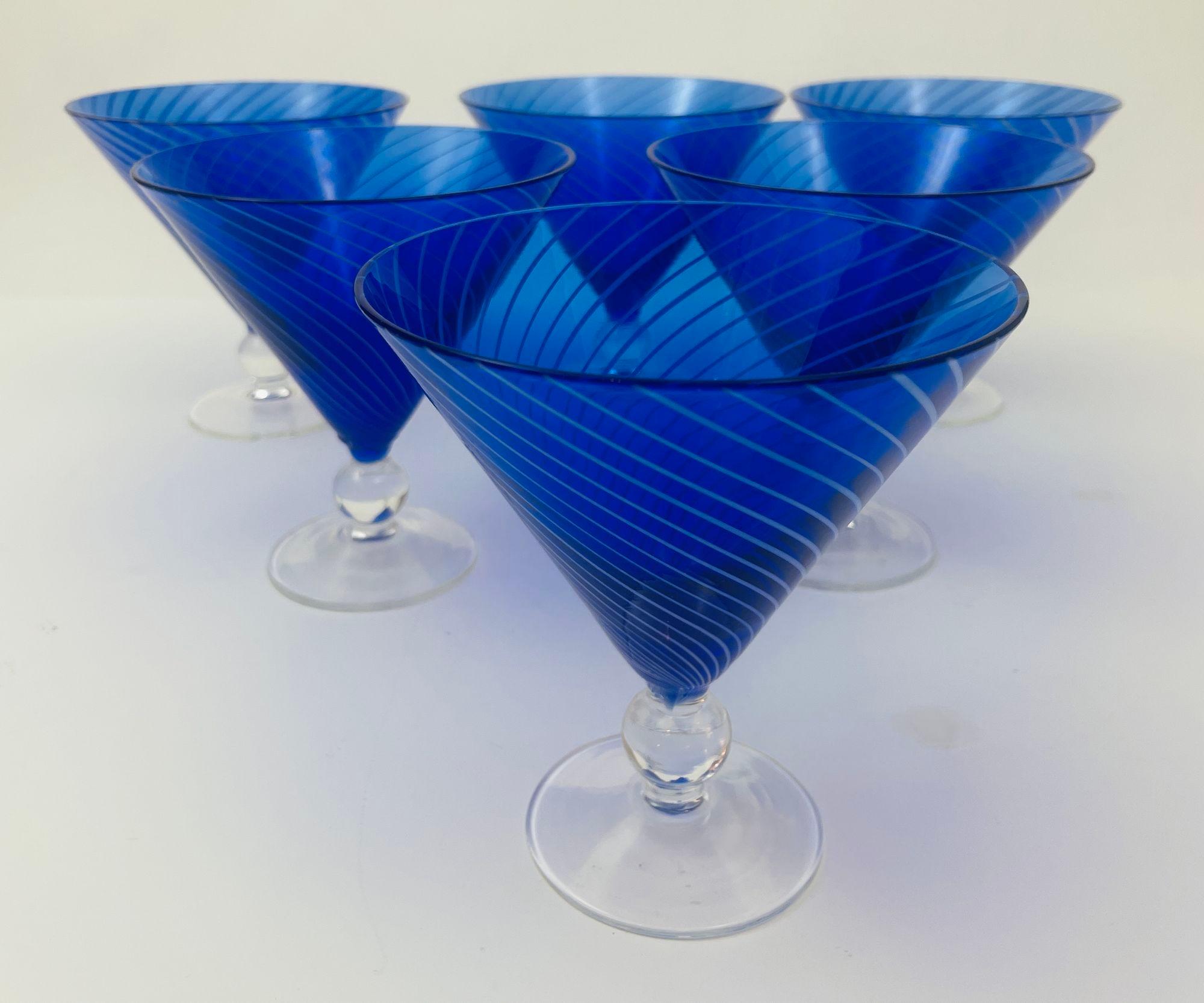 Post-Modern Cobalt Blue Italian Stemmed Martini Glasses Set of 6 Post Modern Barware 1980s For Sale
