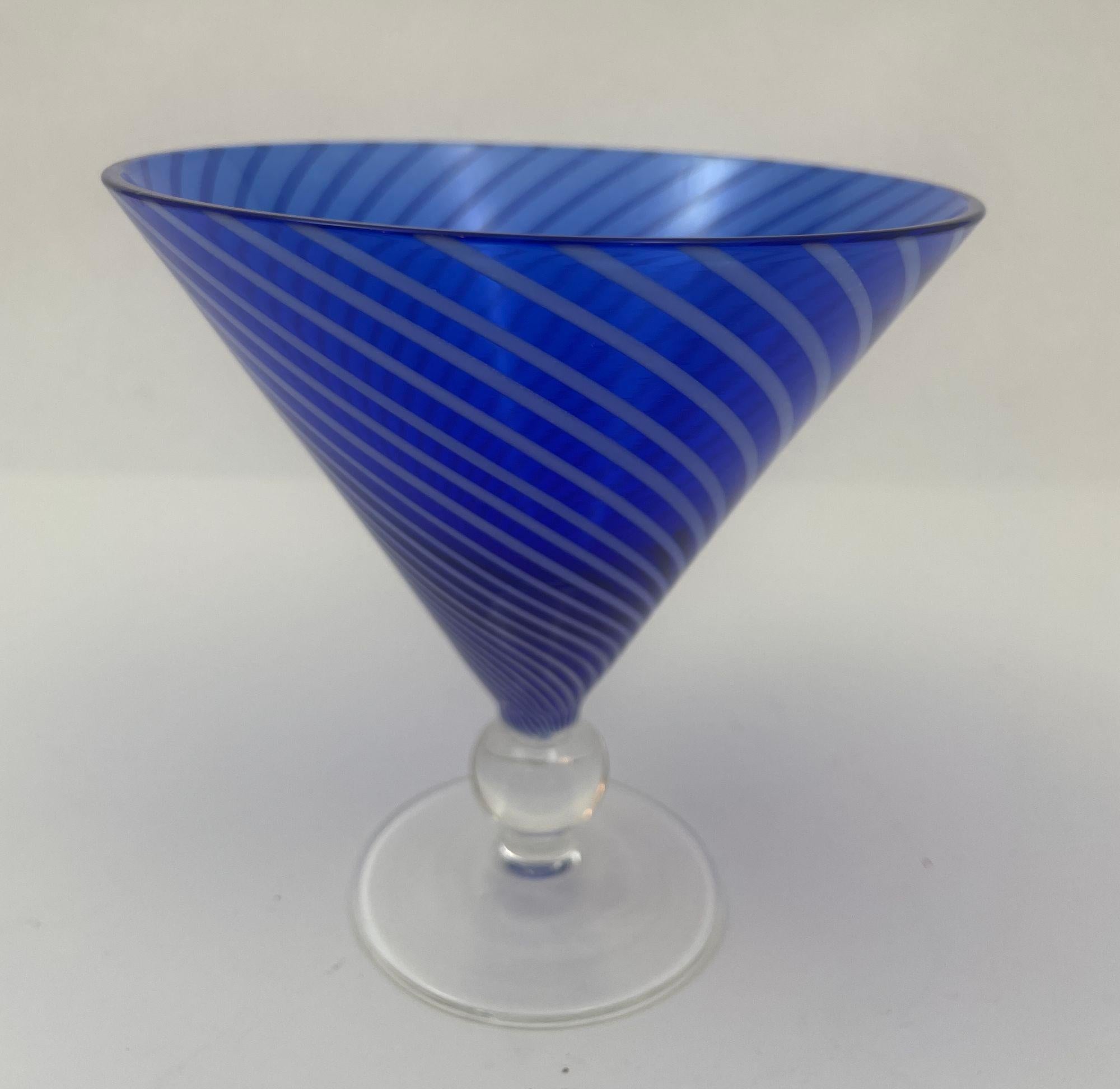 20th Century Cobalt Blue Italian Stemmed Martini Glasses Set of 6 Post Modern Barware 1980s For Sale