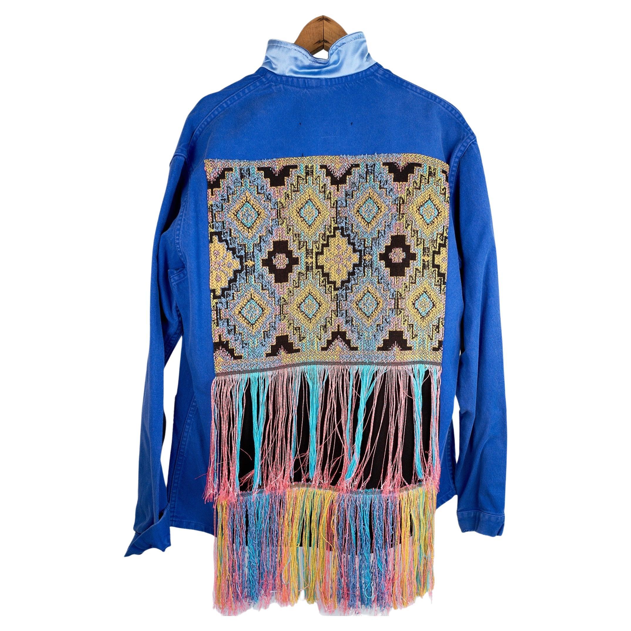 Cobalt Blue Jacket  Back Multi Color Pattern Fringes Glitter Pockets French Work In New Condition In Los Angeles, CA