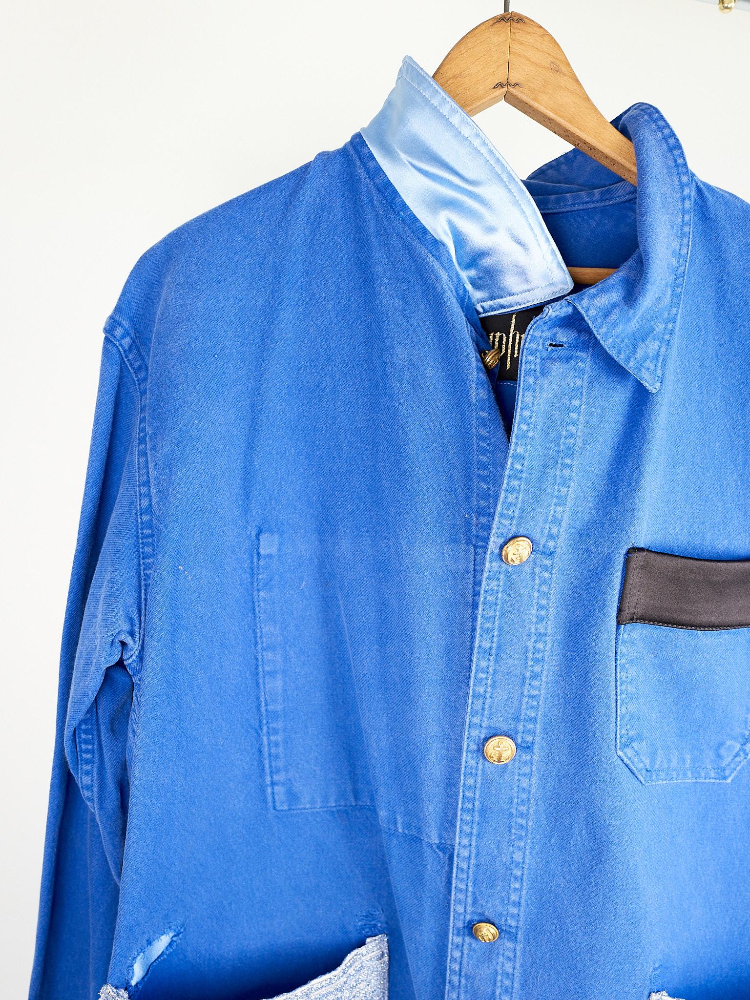 Women's Cobalt Blue Jacket  Back Multi Color Pattern Fringes Glitter Pockets French Work