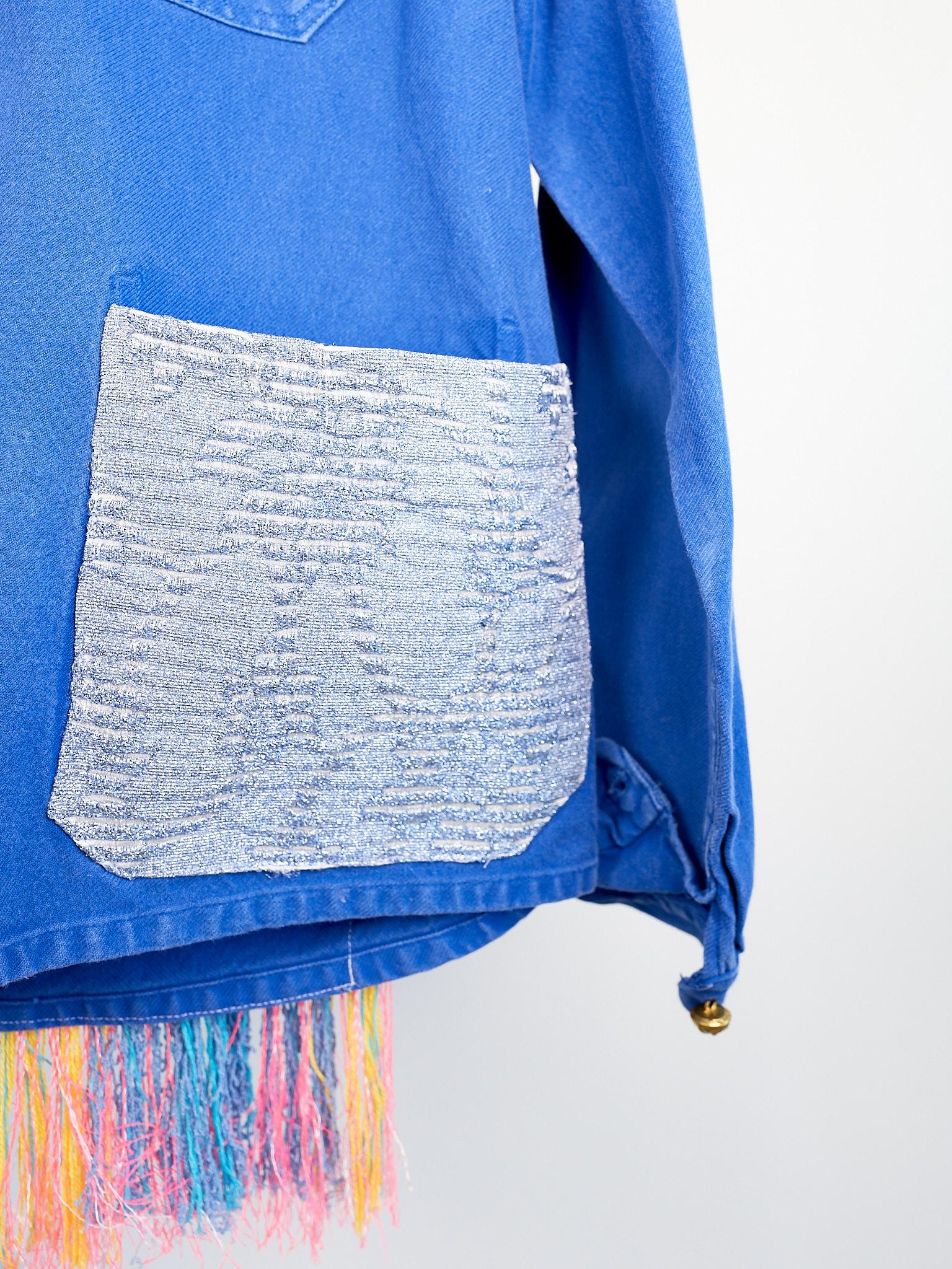 Cobalt Blue Jacket  Back Multi Color Pattern Fringes Glitter Pockets French Work 1