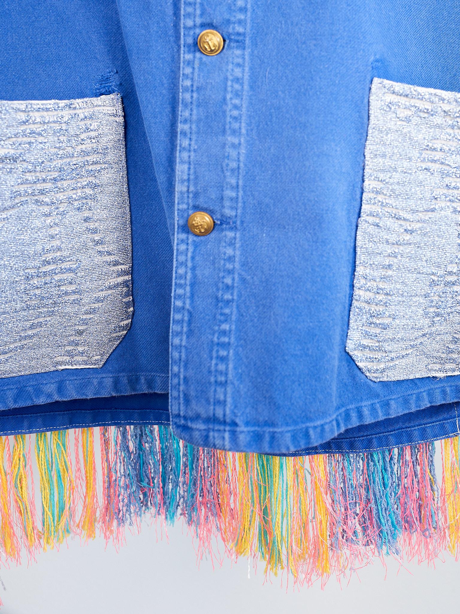 Cobalt Blue Jacket  Back Multi Color Pattern Fringes Glitter Pockets French Work 2