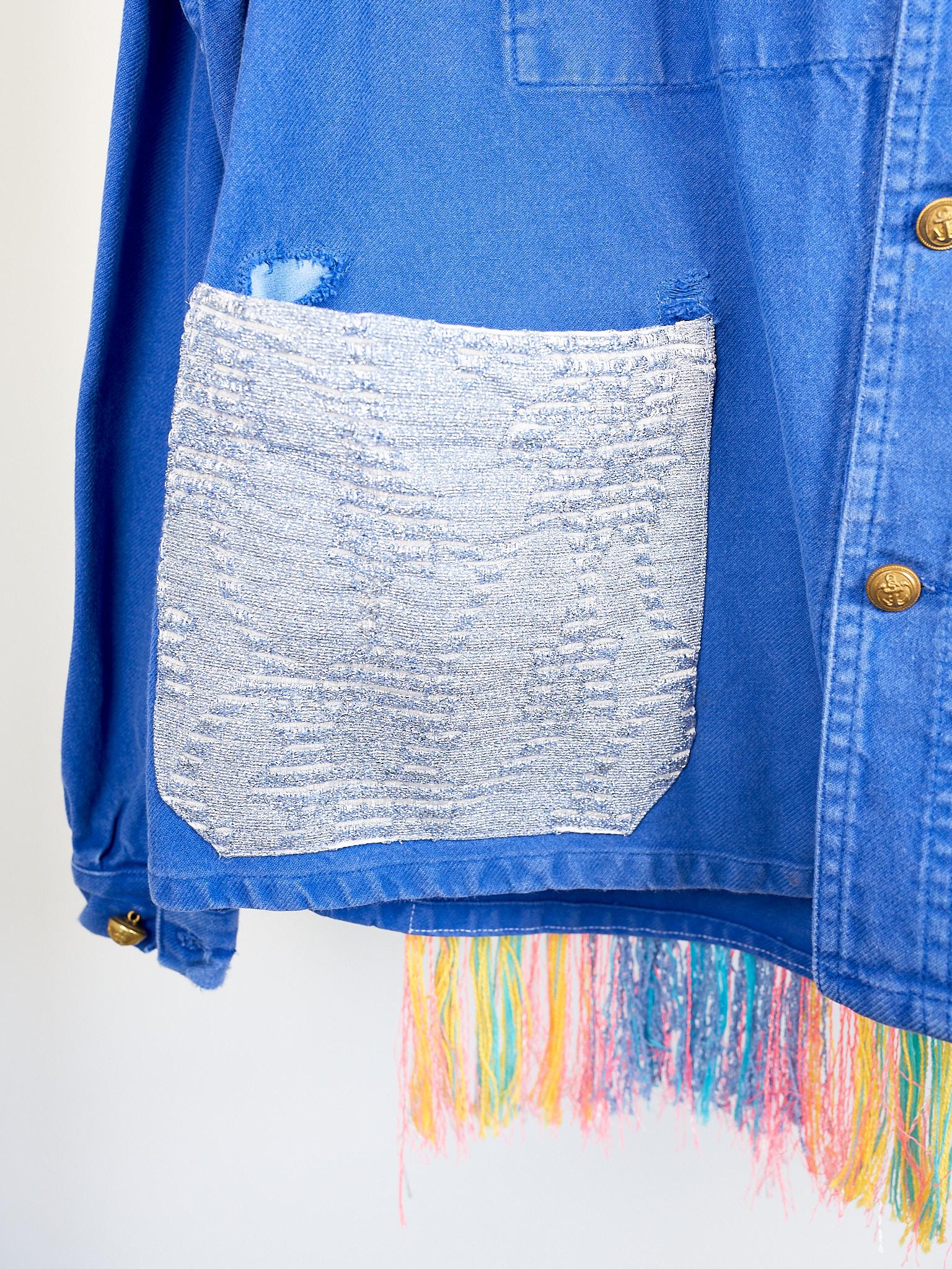 Cobalt Blue Jacket  Back Multi Color Pattern Fringes Glitter Pockets French Work 3