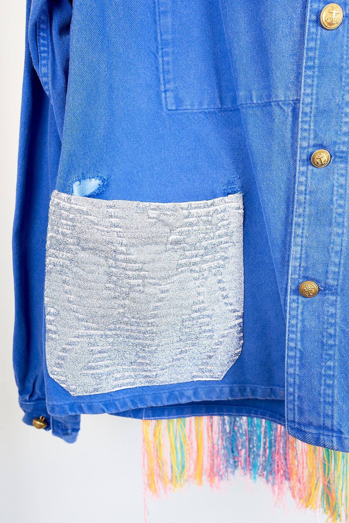 Cobalt Blue Jacket  Back Multi Color Pattern Fringes Glitter Pockets French Work 4