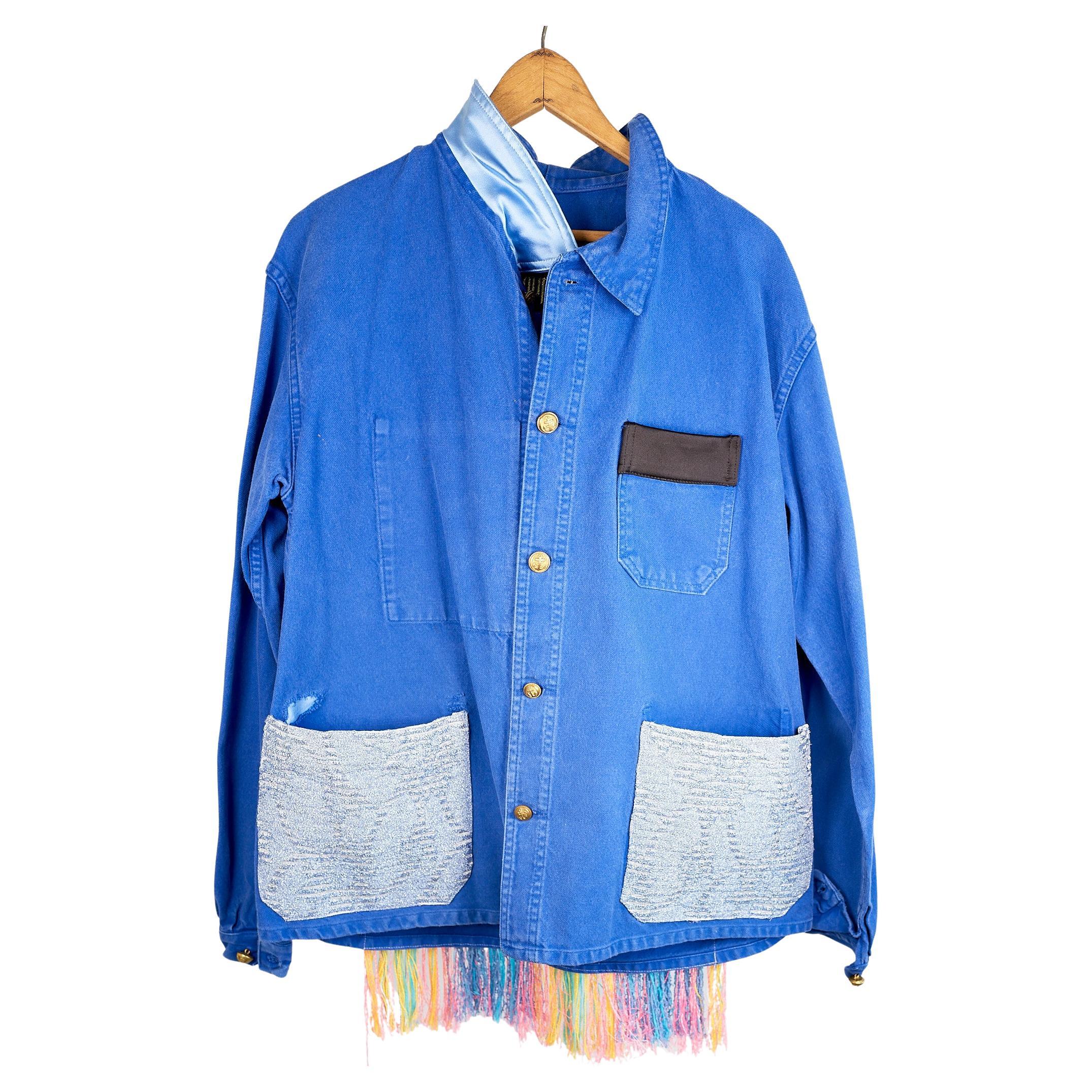 Cobalt Blue Jacket  Back Multi Color Pattern Fringes Glitter Pockets French Work