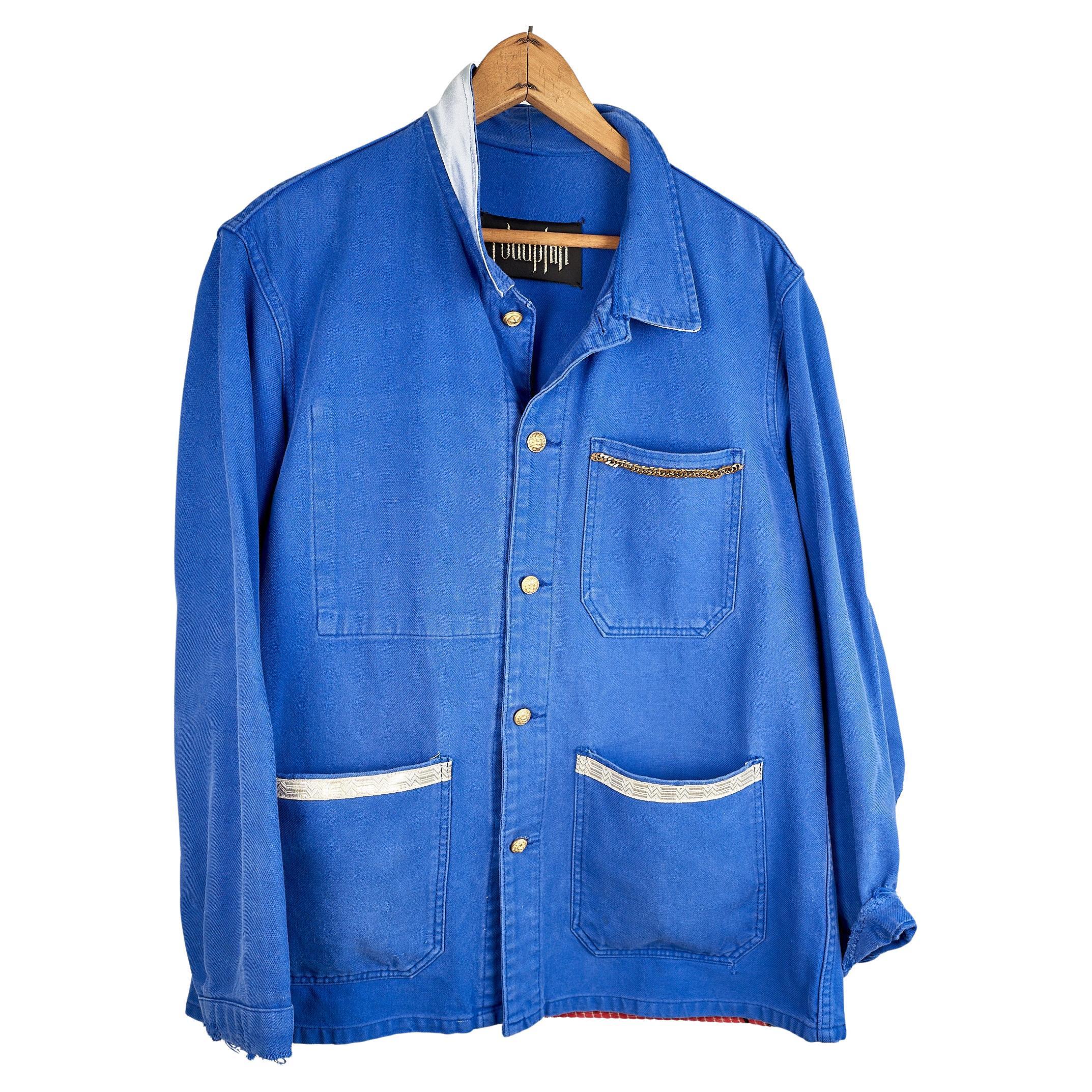 Cobalt Blue Jacket Cotton French Work Wear Tweed Back Silver Chain Braids